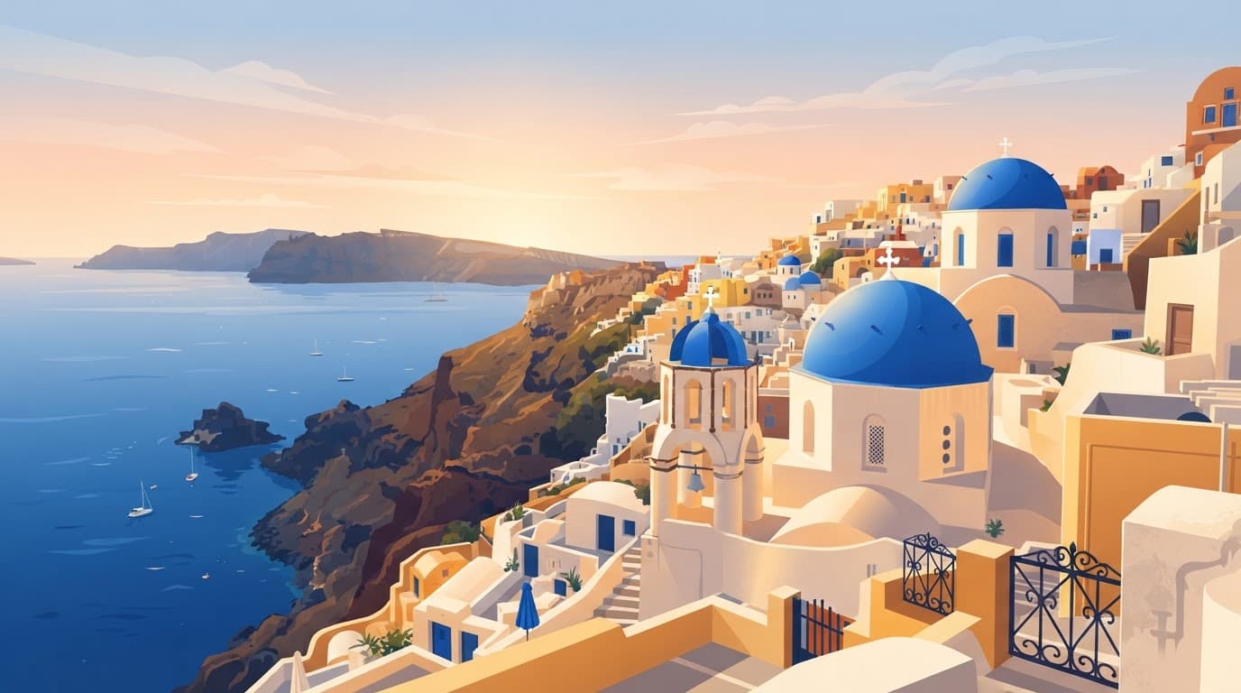 Blue domes and white buildings glow in the golden sunrise at Oia, Santorini.