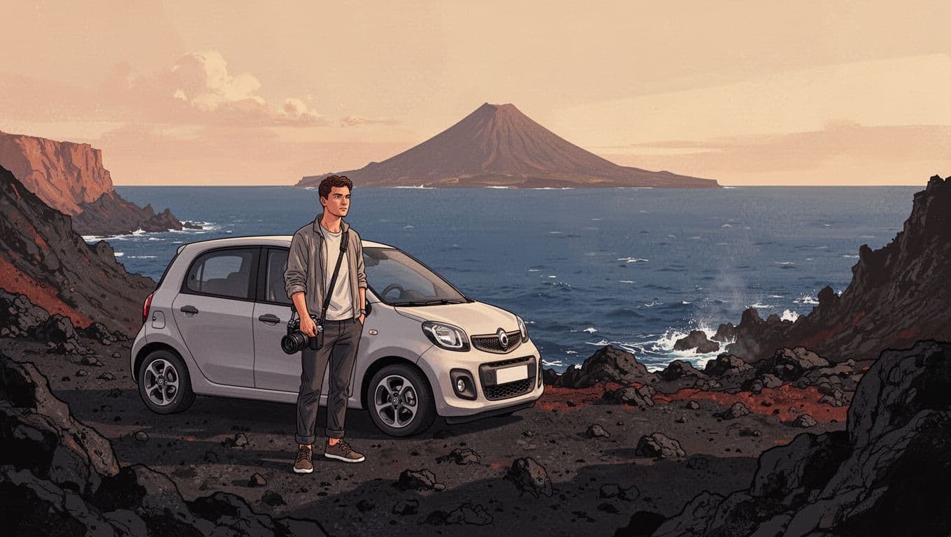 A rental car and photographer overlook a volcanic Sicilian coast and distant island.