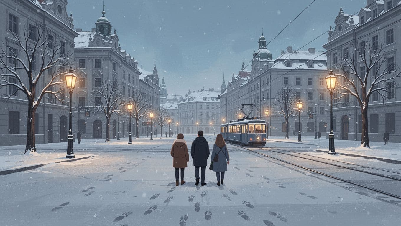 Three people cross a snowy square as a tram passes historic buildings.