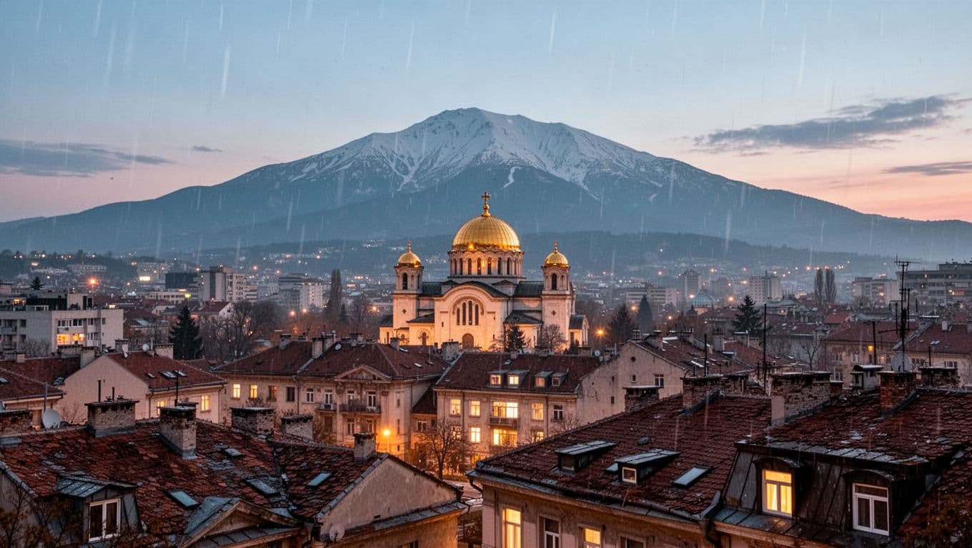 Sofia rooftops and a golden-domed cathedral face Vitosha Mountain at sunset.