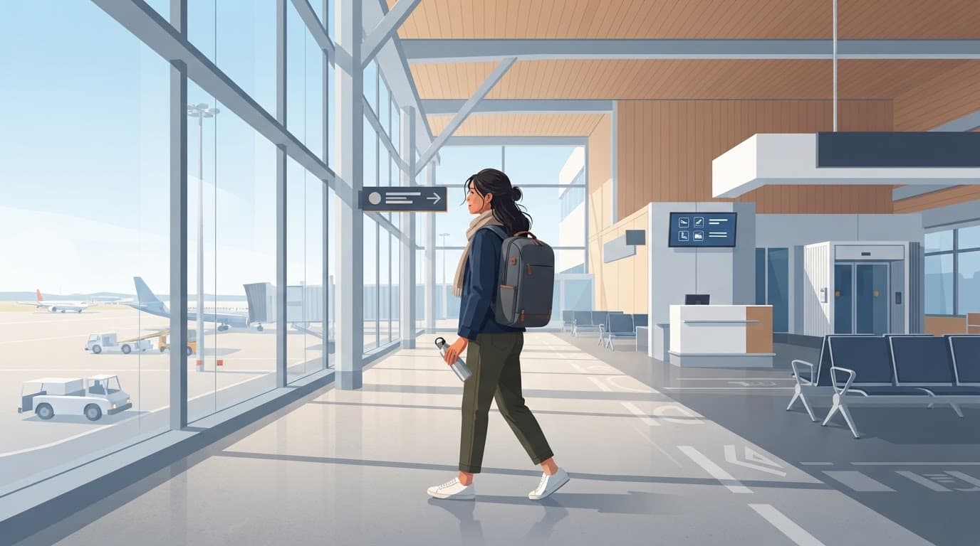 A traveler with a camera backpack walks through a sunny airport gate.
