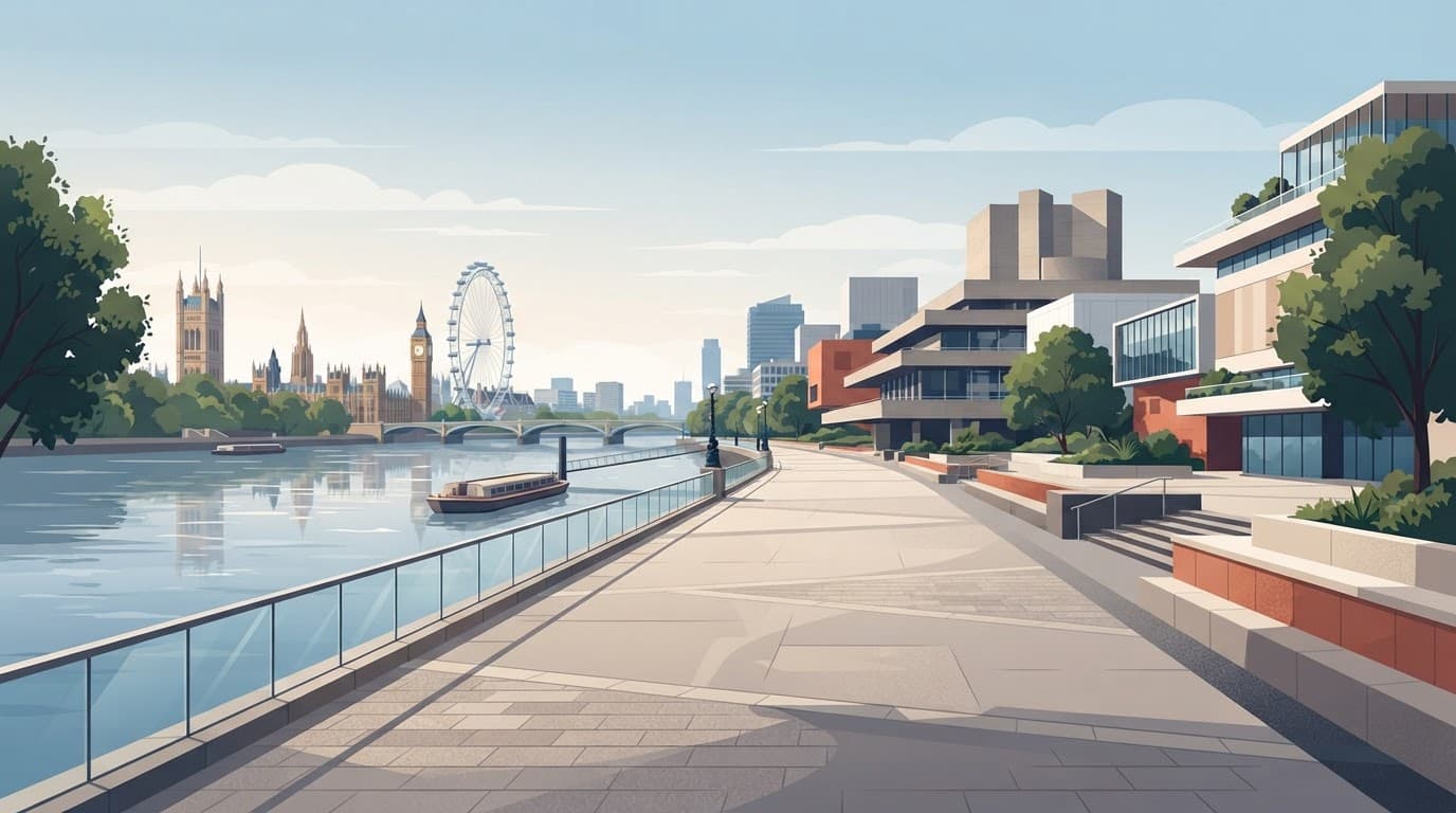 Stylized South Bank walkway beside the River Thames with modern buildings and soft daylight.