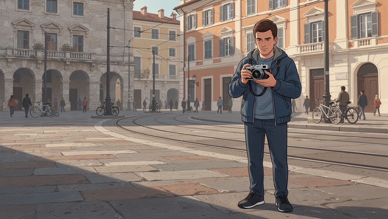 A photographer with a compact camera stands in a European square near tram tracks.