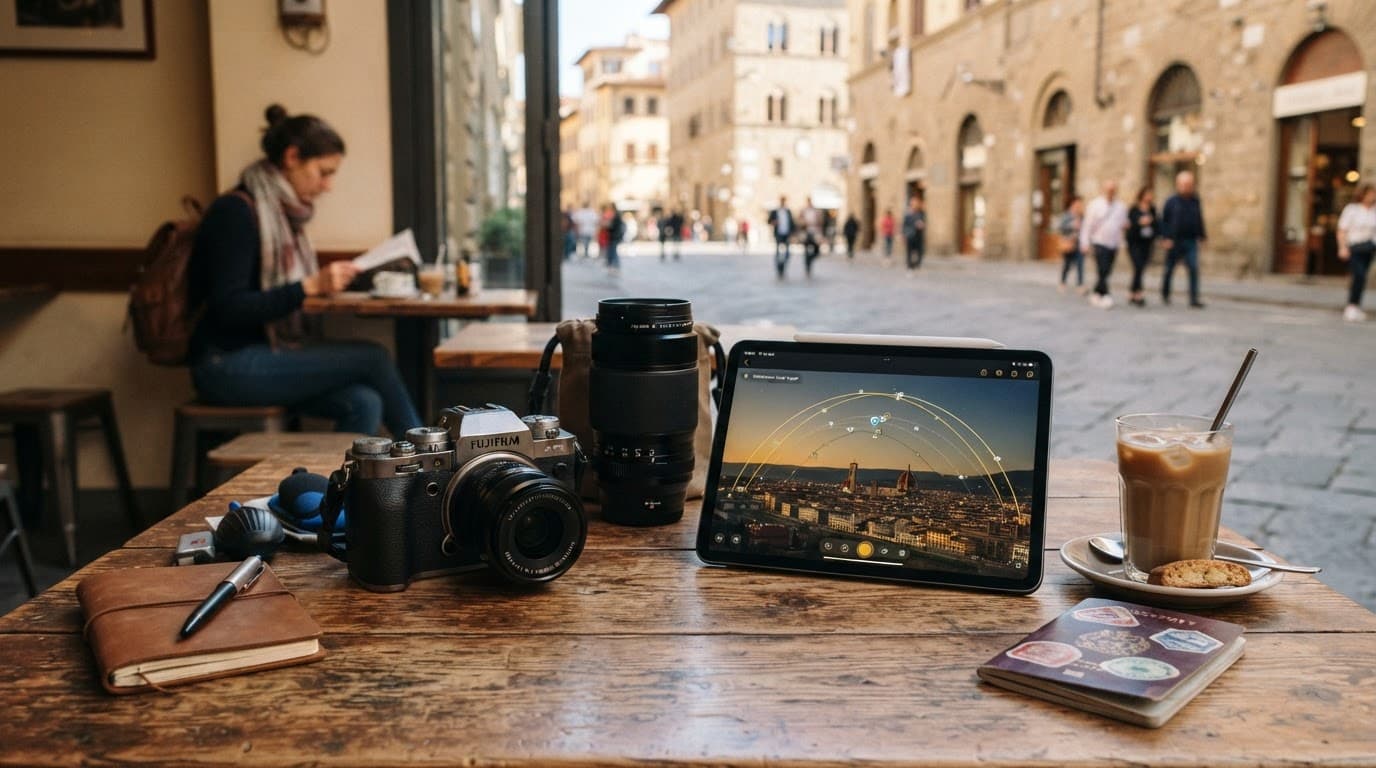 Camera, lenses, and a tablet with a sun map on a cafe table.