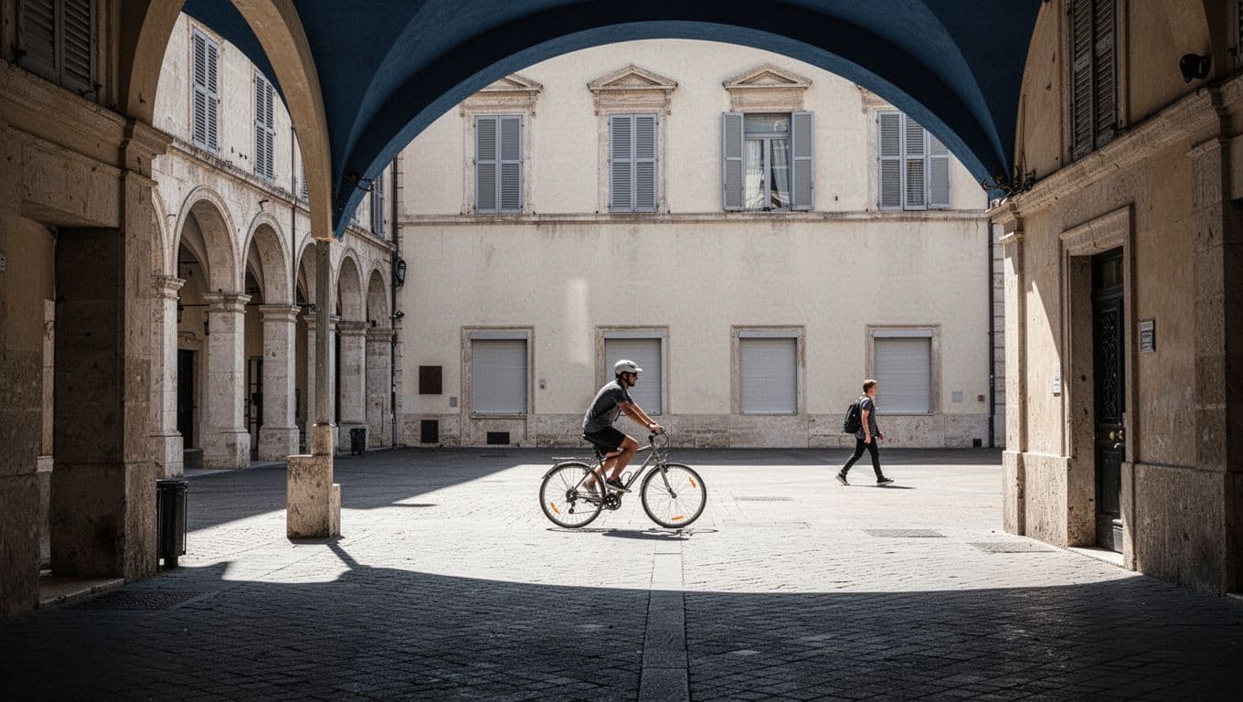 A cyclist crosses a sunny European square beside shaded arcades.