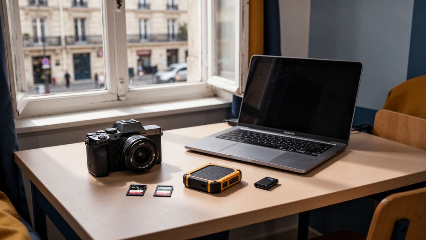 Travel camera, laptop, SSD, memory cards, and reader arranged on a small desk.