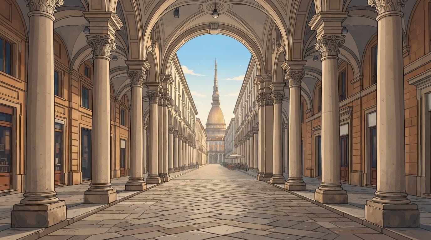 Covered arcades in Turin lead toward the distant Mole Antonelliana.