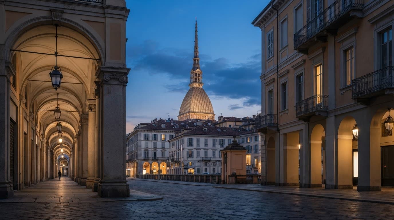 Turin arcades frame the Mole Antonelliana against the evening sky.