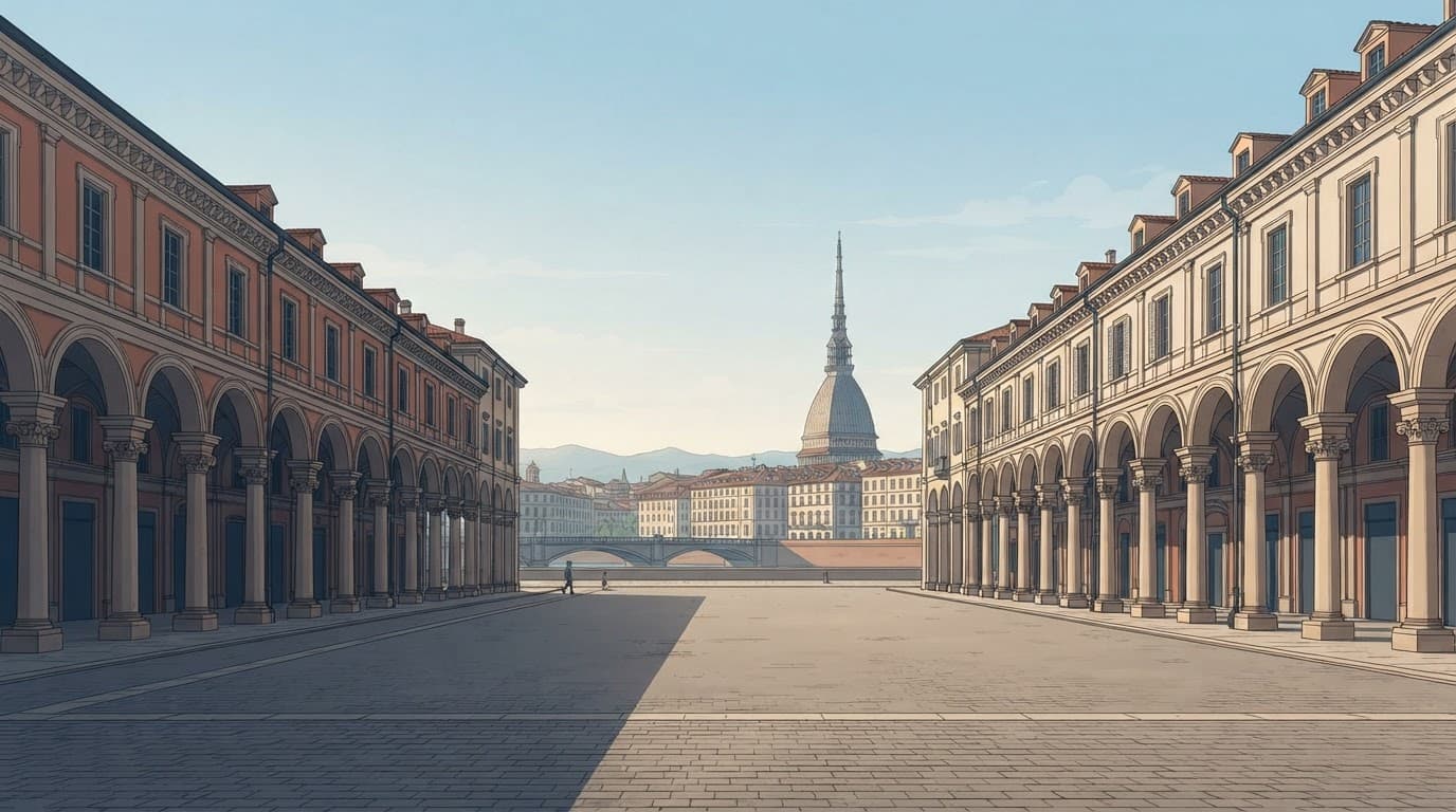Historic arcades frame Turin's Mole Antonelliana across a broad square.