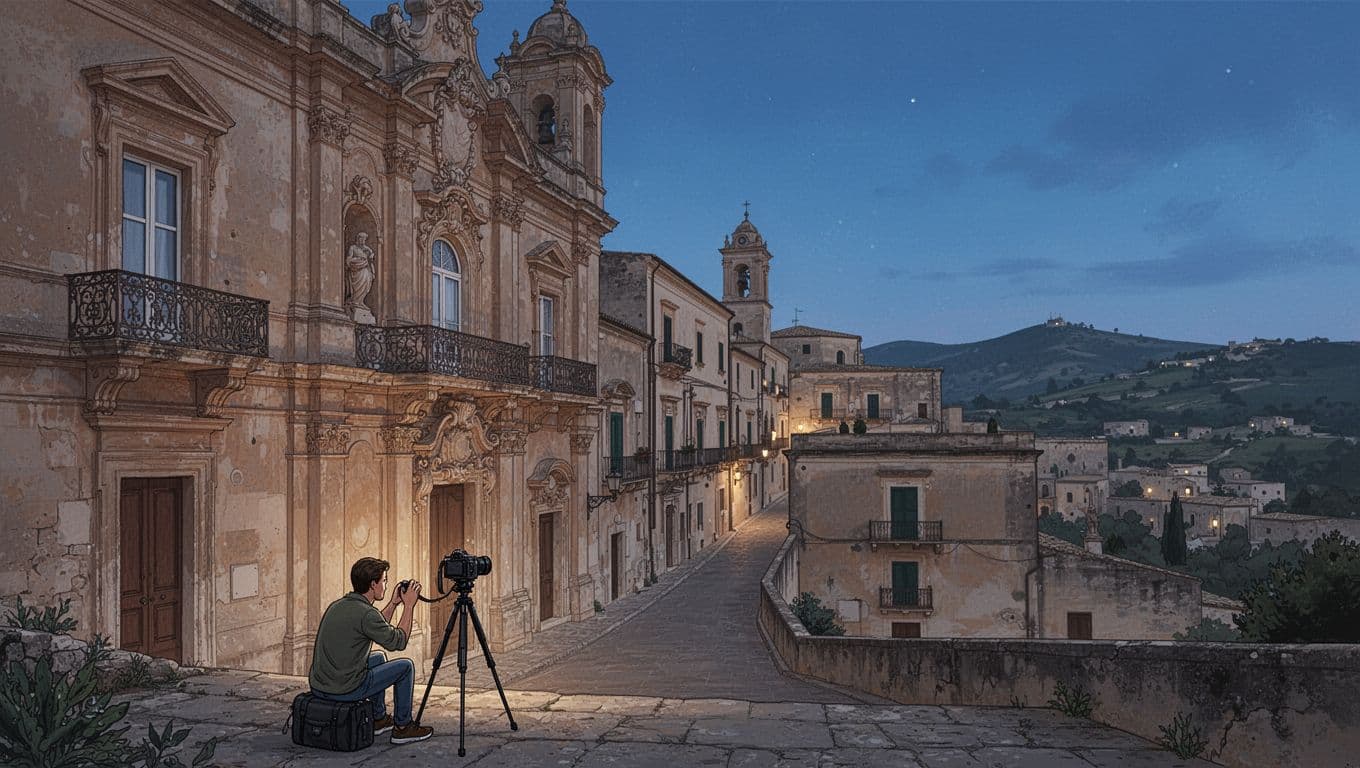 A photographer captures a Baroque hill town at blue hour.