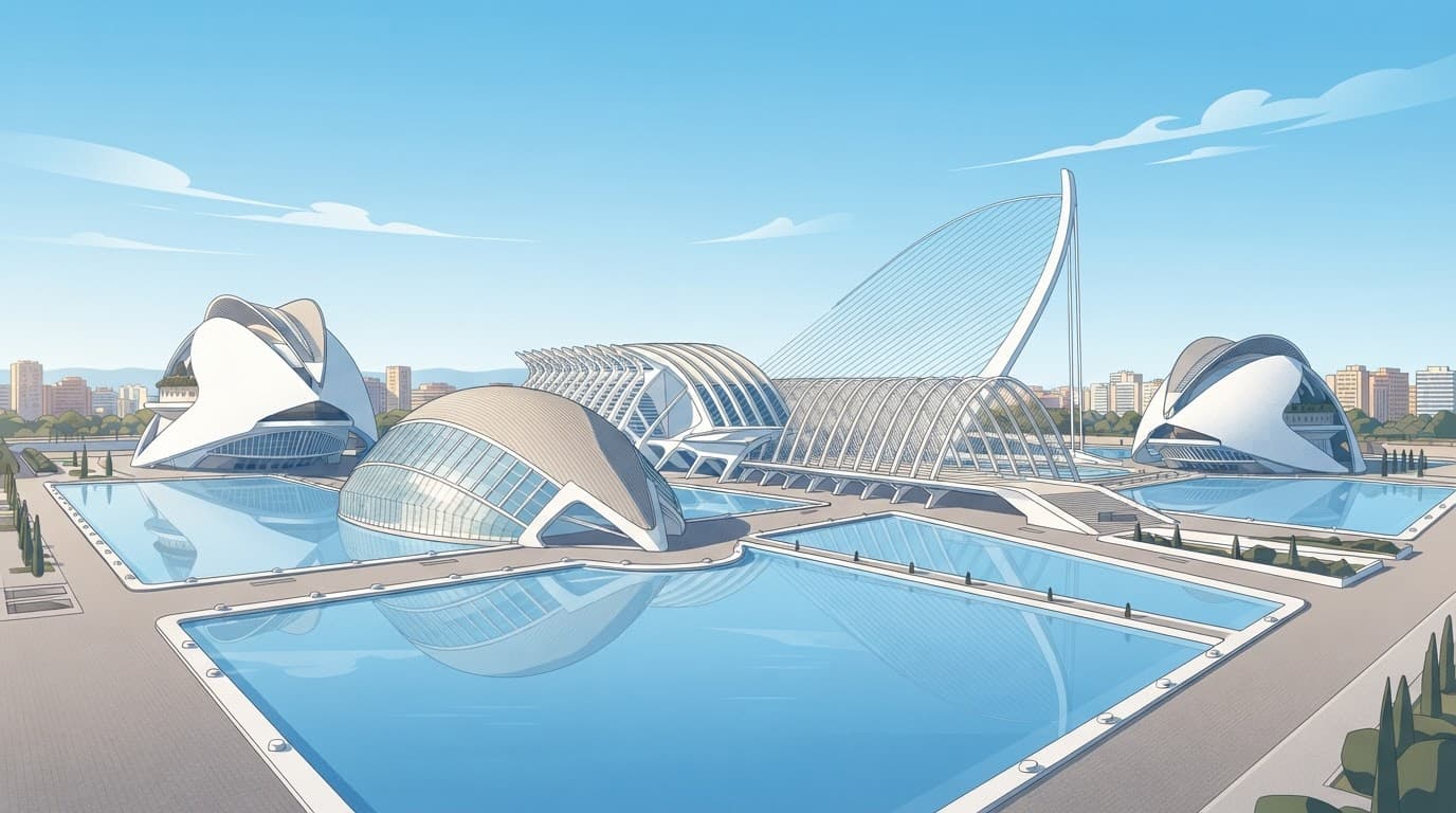 White futuristic buildings and blue pools under a clear sky in Valencia.