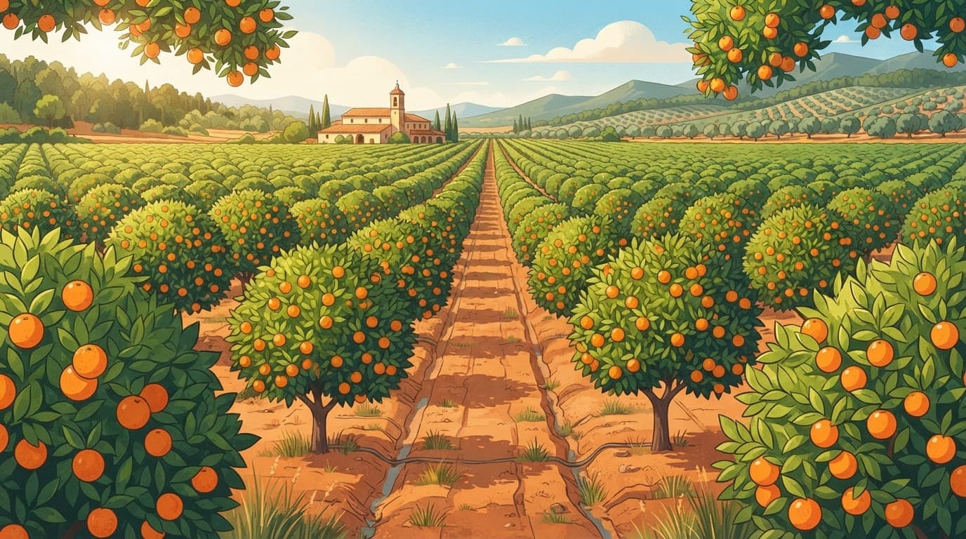 Neat citrus trees with ripe oranges in a sunny Valencian grove.