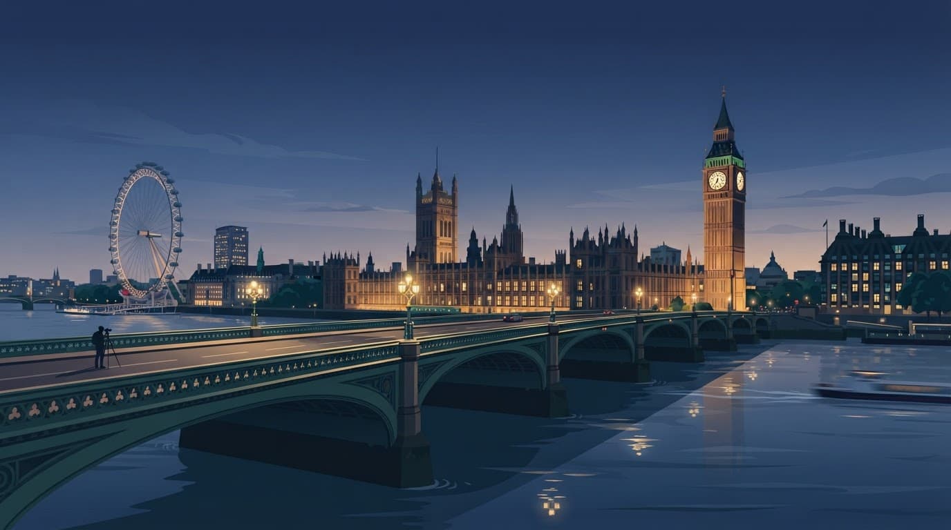 Westminster Bridge and Big Ben across the Thames at twilight with one distant photographer.