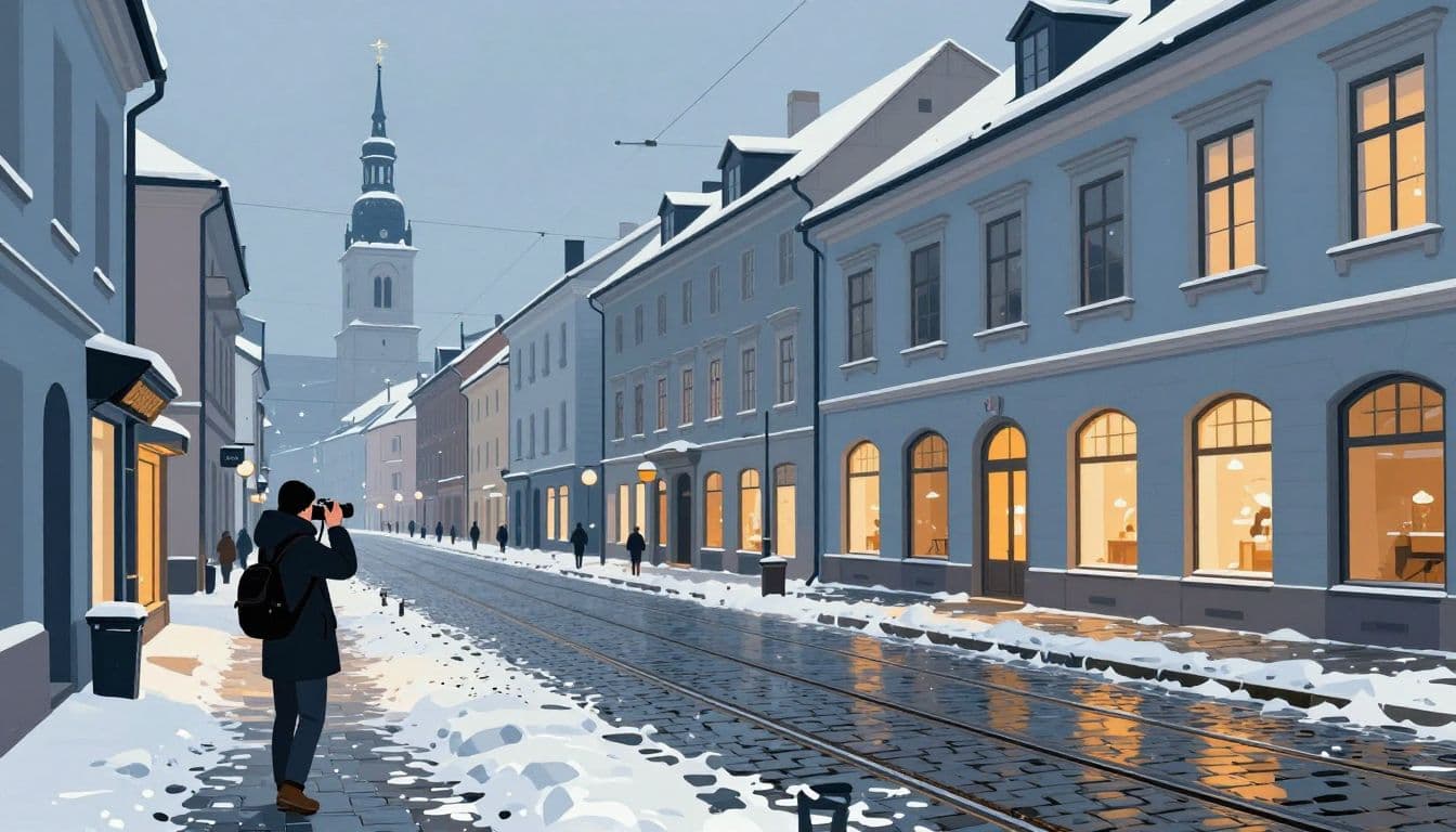 A bundled photographer walks through a snowy old town street with tram tracks and warm shop windows.