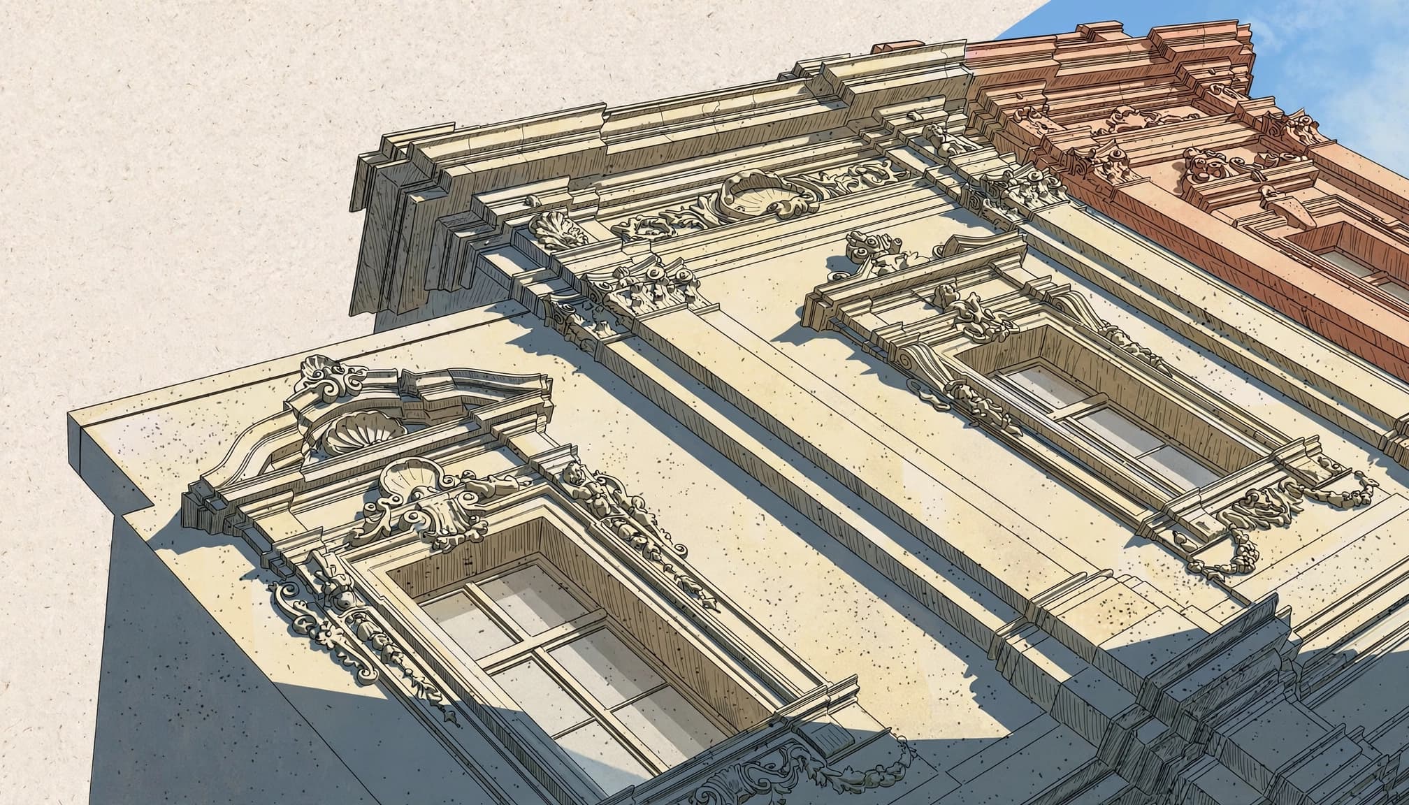 Sunlight and crisp shadows cross an ornate limestone facade beneath a patch of blue sky.
