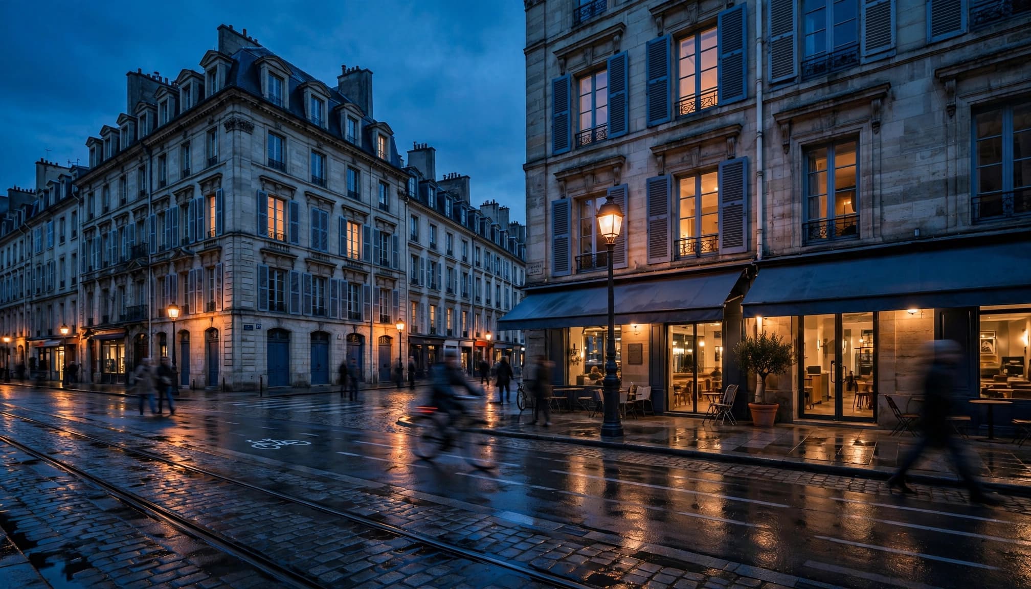 Historic buildings and street lamps reflect on wet pavement in a European square.