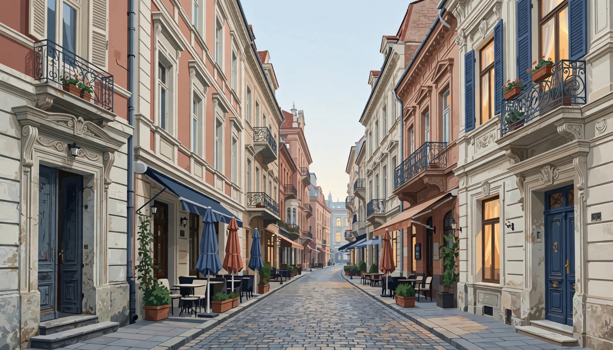 An empty cobblestone street lined with ornate Bucharest buildings in morning light.