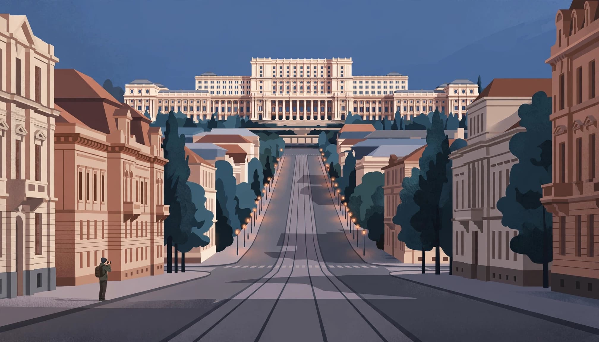 A photographer frames the Palace of Parliament from a broad Bucharest boulevard at blue hour.