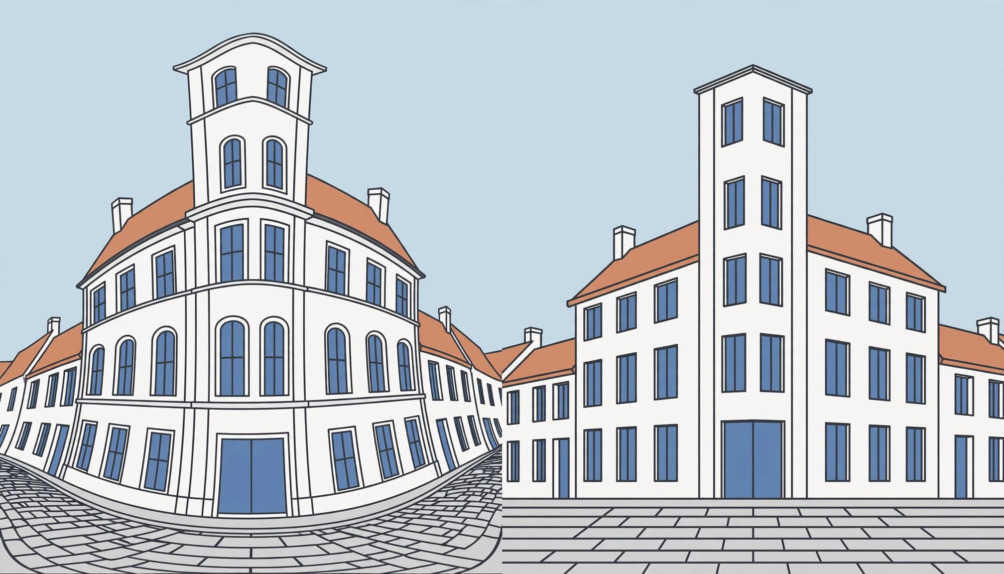 Two views show a town facade curved on the left and straight on the right.