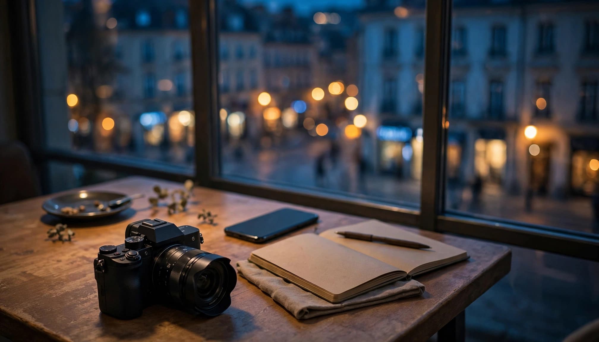 A camera, smartphone, and notebook sit beside a cafe window overlooking blue and amber city lights.