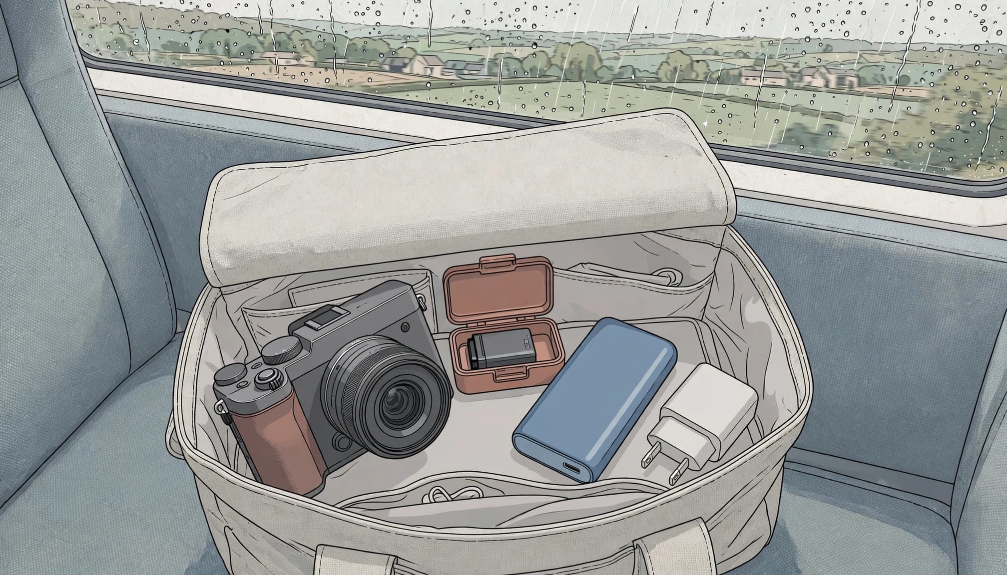 A camera, spare battery, power bank, and charger packed in an open bag on a train seat.