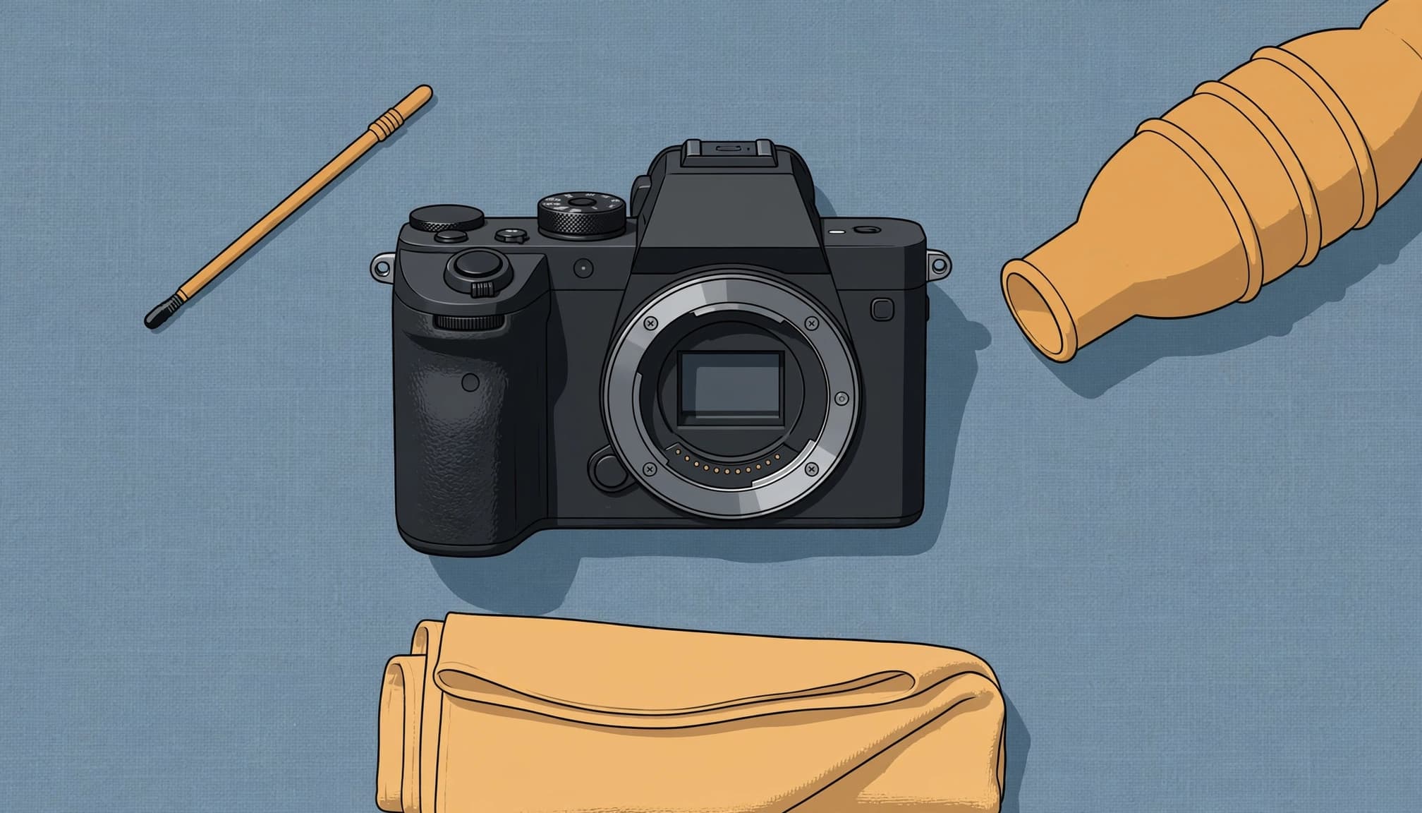 An open camera body with a swab, blower, and folded cloth.