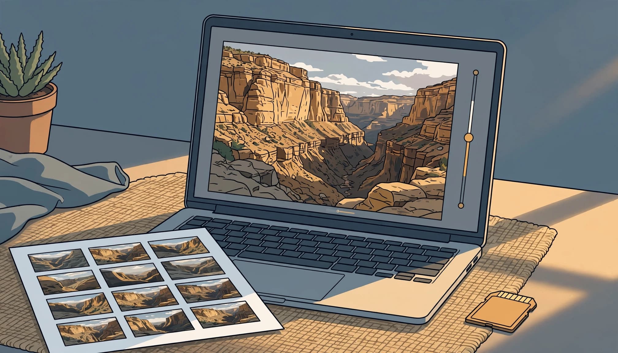 A laptop showing a canyon photo beside a memory card and contact sheet.