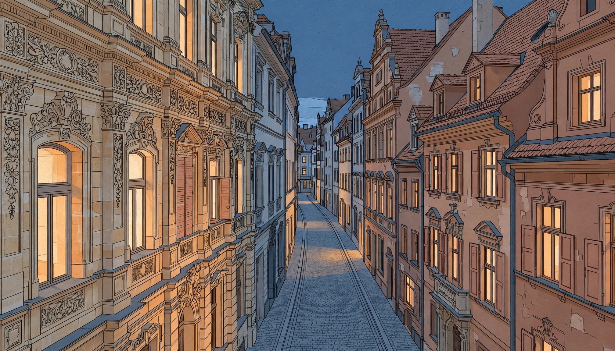 A quiet cobbled lane lined with ornate buildings at dusk.
