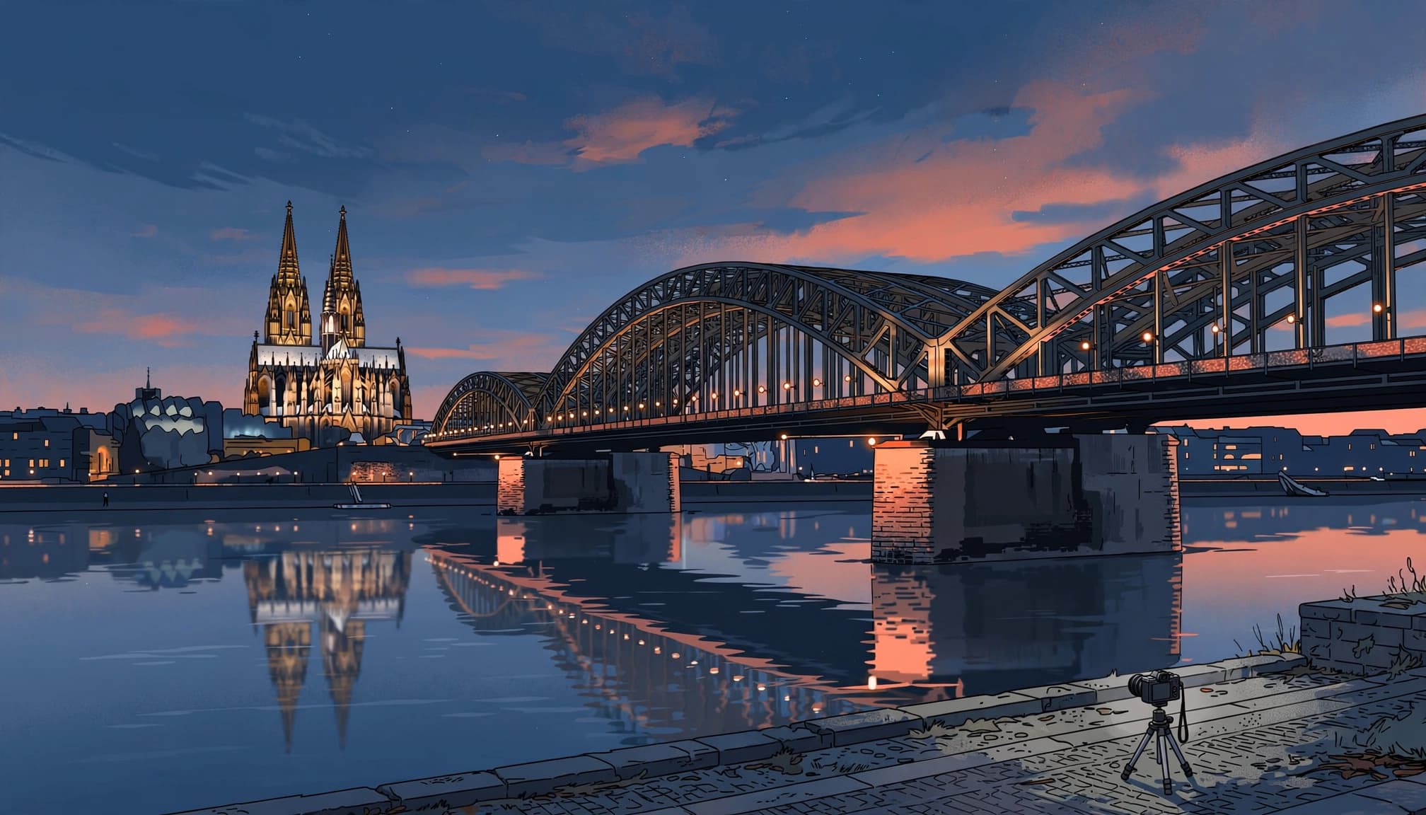 Cologne Cathedral and Hohenzollern Bridge glow beside the calm Rhine at blue hour.