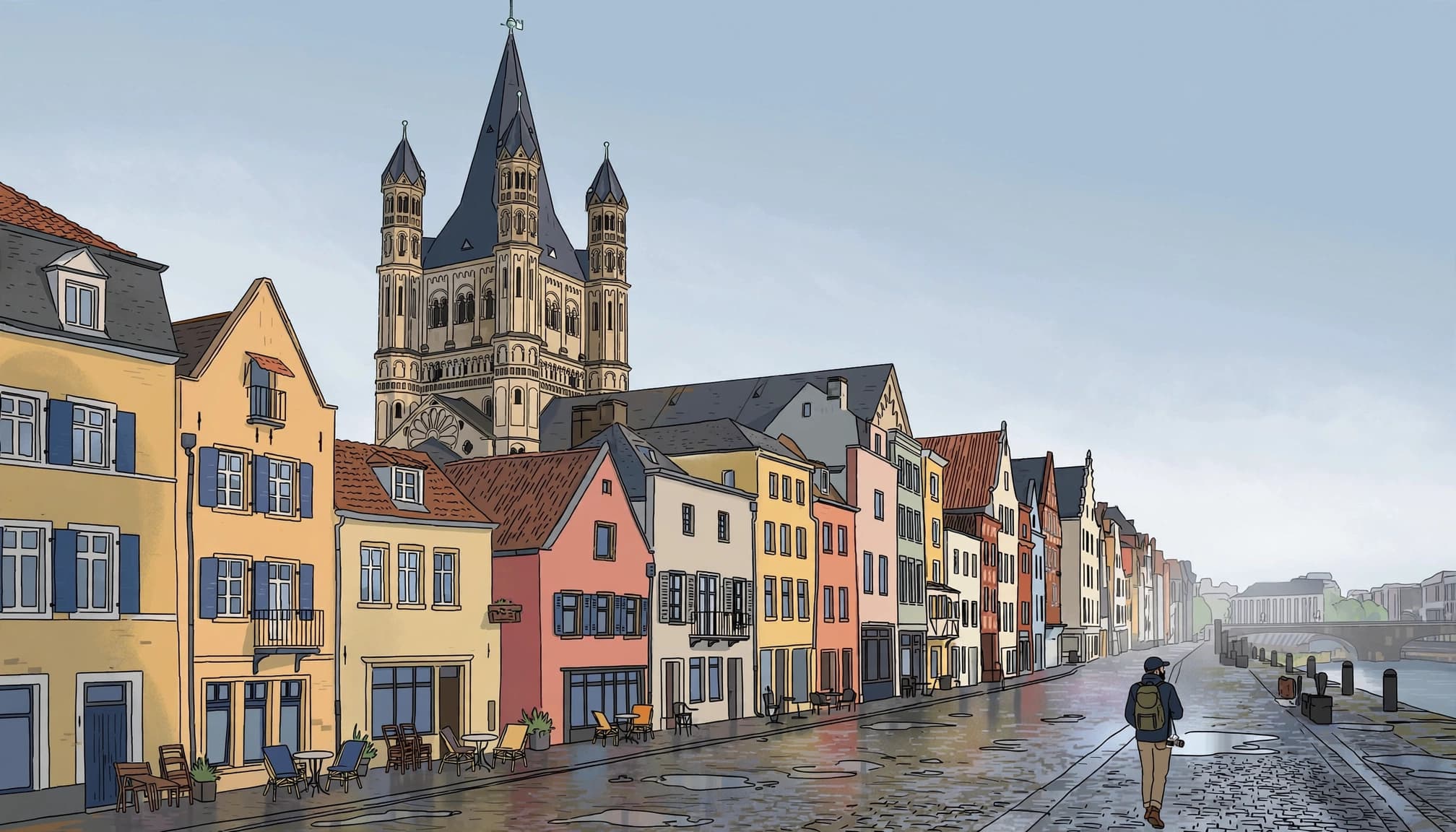 A photographer walks beside wet cobblestones near Great St. Martin Church in Cologne.