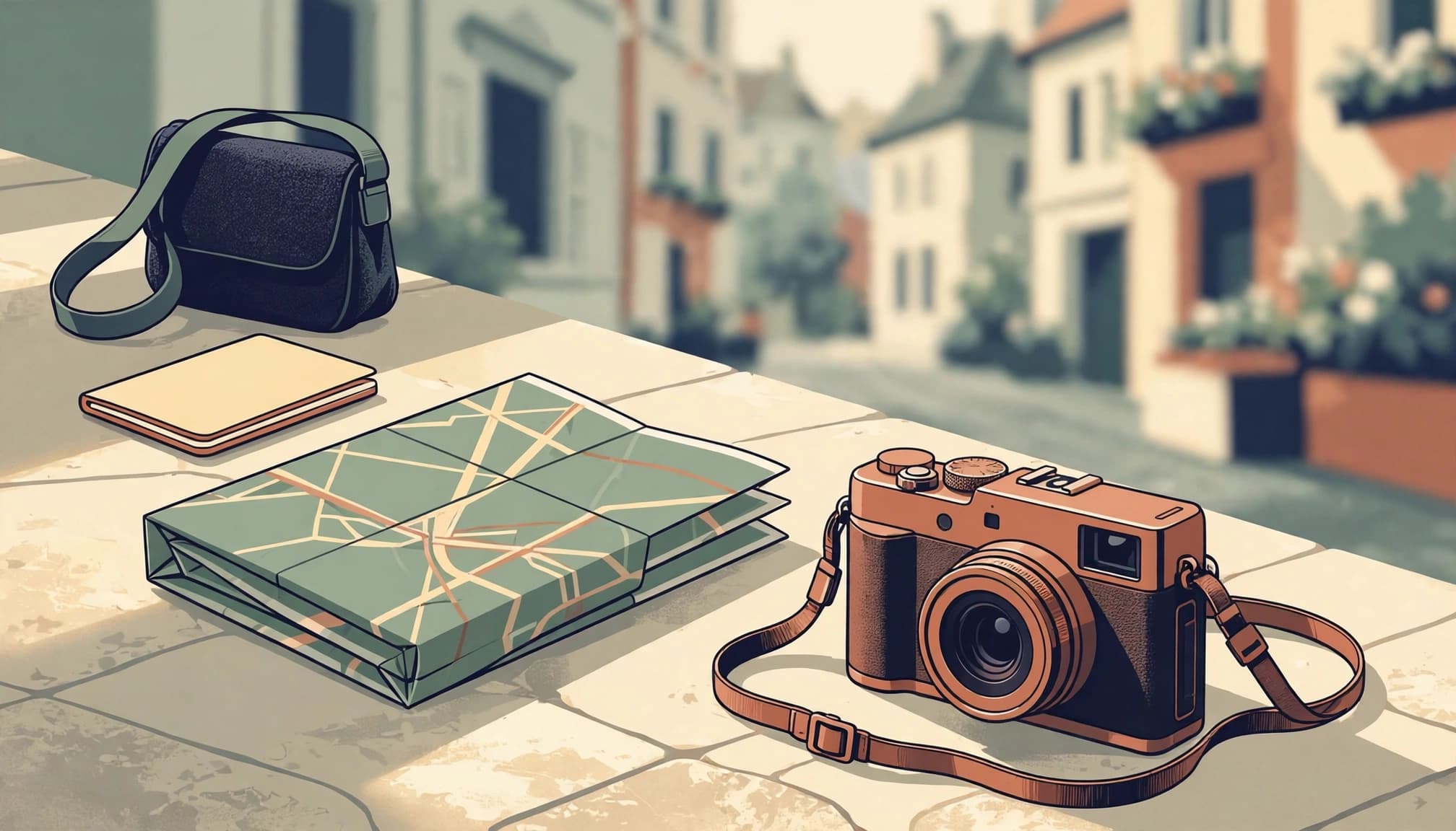 A compact camera beside a map, passport, and shoulder bag on a sunny café table.