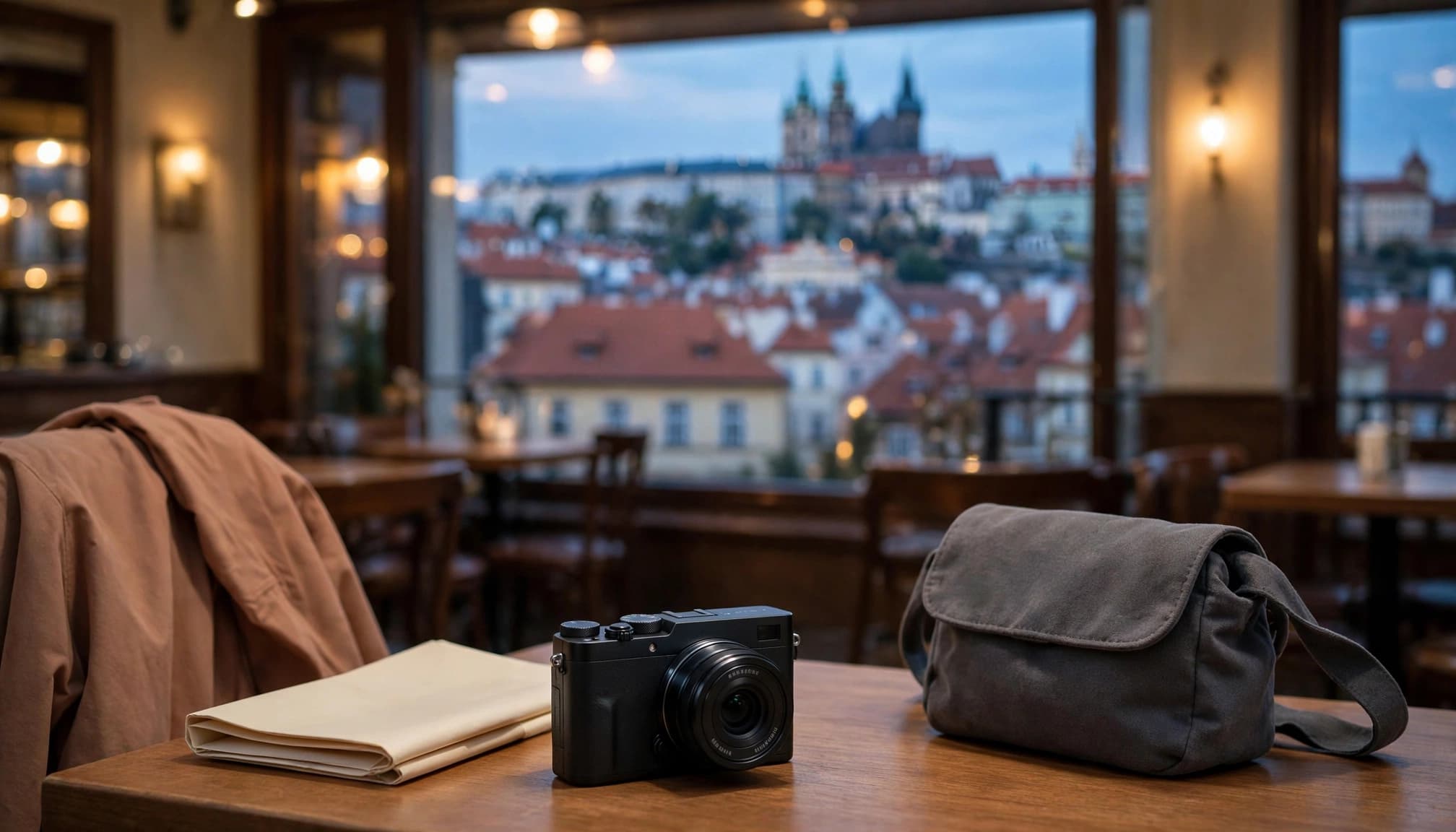 A camera, folded map, jacket, and shoulder bag on a cafe table overlooking Prague.