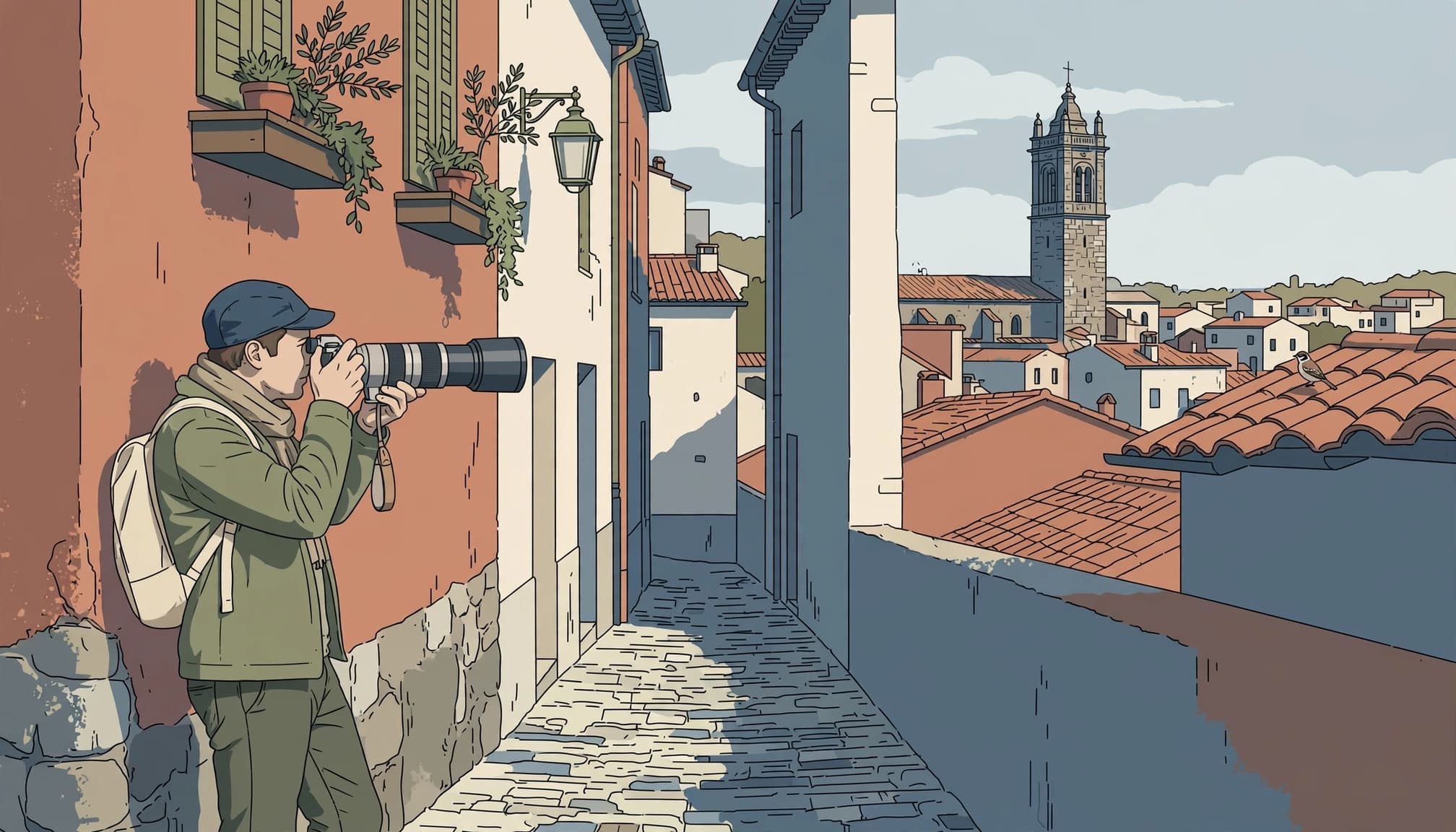 A photographer with a long lens stands in a historic European alley.
