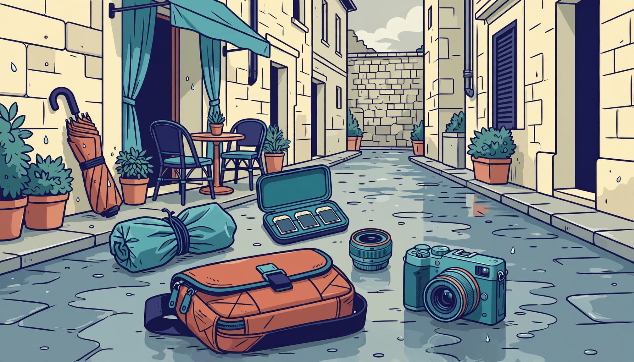 Camera and closed sling bag beside an umbrella on a wet European alley.