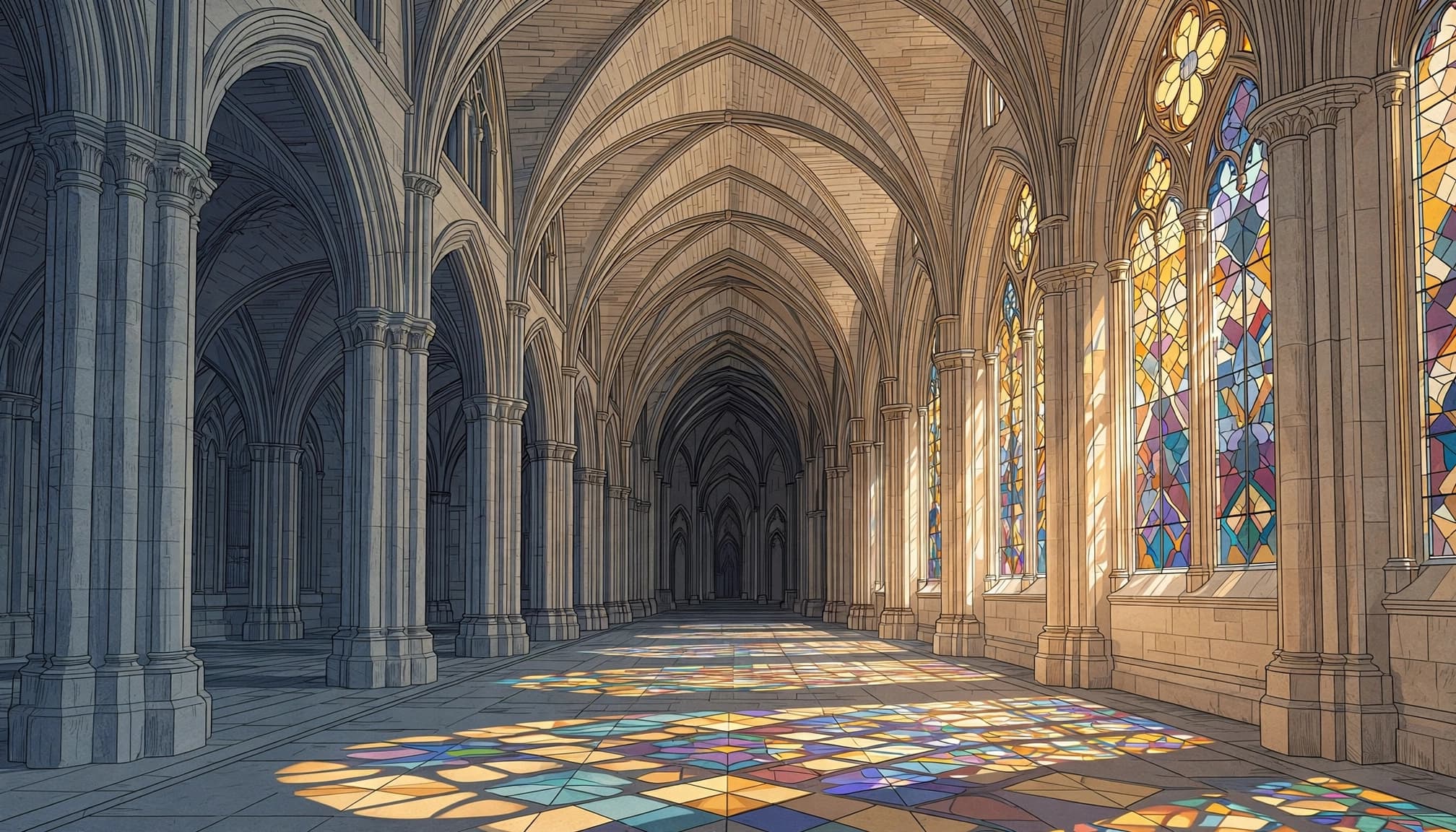 Stained glass casts colored patterns across the floor between tall stone columns.