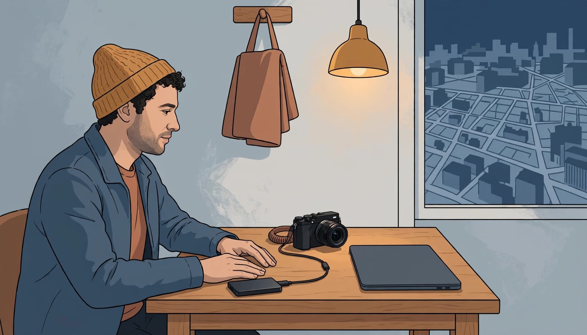 A seated traveler arranges a camera and external drive beside a closed laptop.