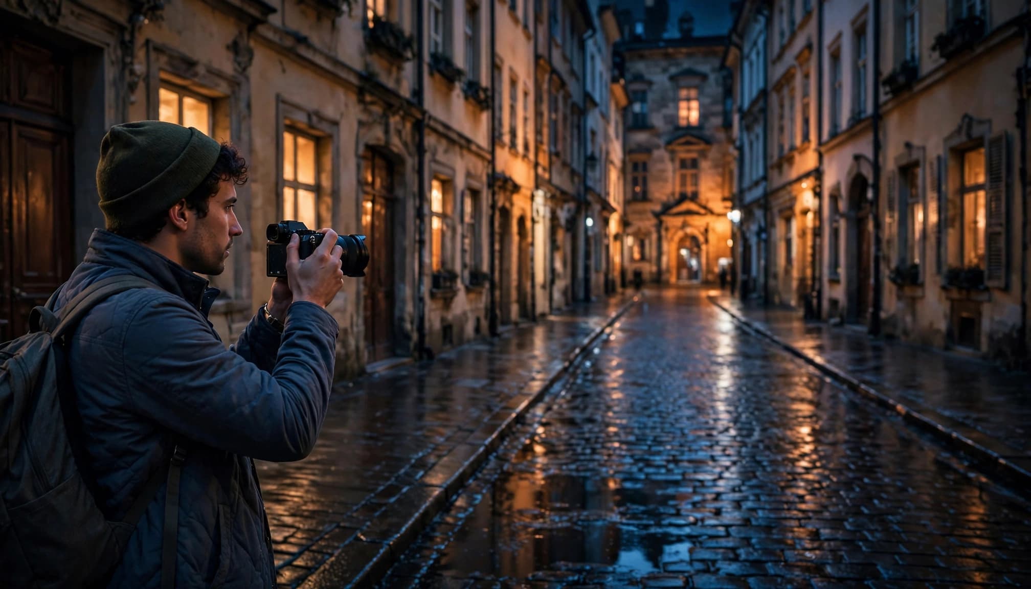 Photographer holding a camera on a wet, warmly lit city street at night.