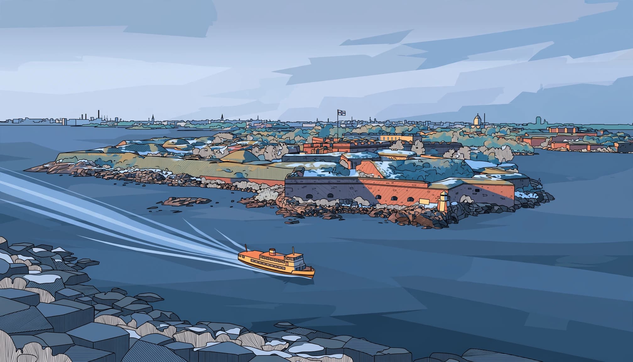 A ferry crosses calm water toward Suomenlinna fortress islands near Helsinki.