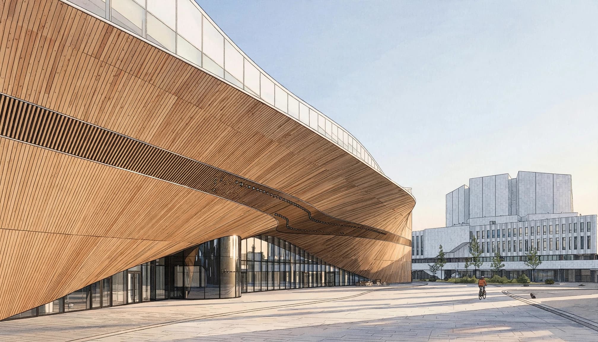 Oodi Library and Finlandia Hall face a Helsinki plaza with one distant cyclist.