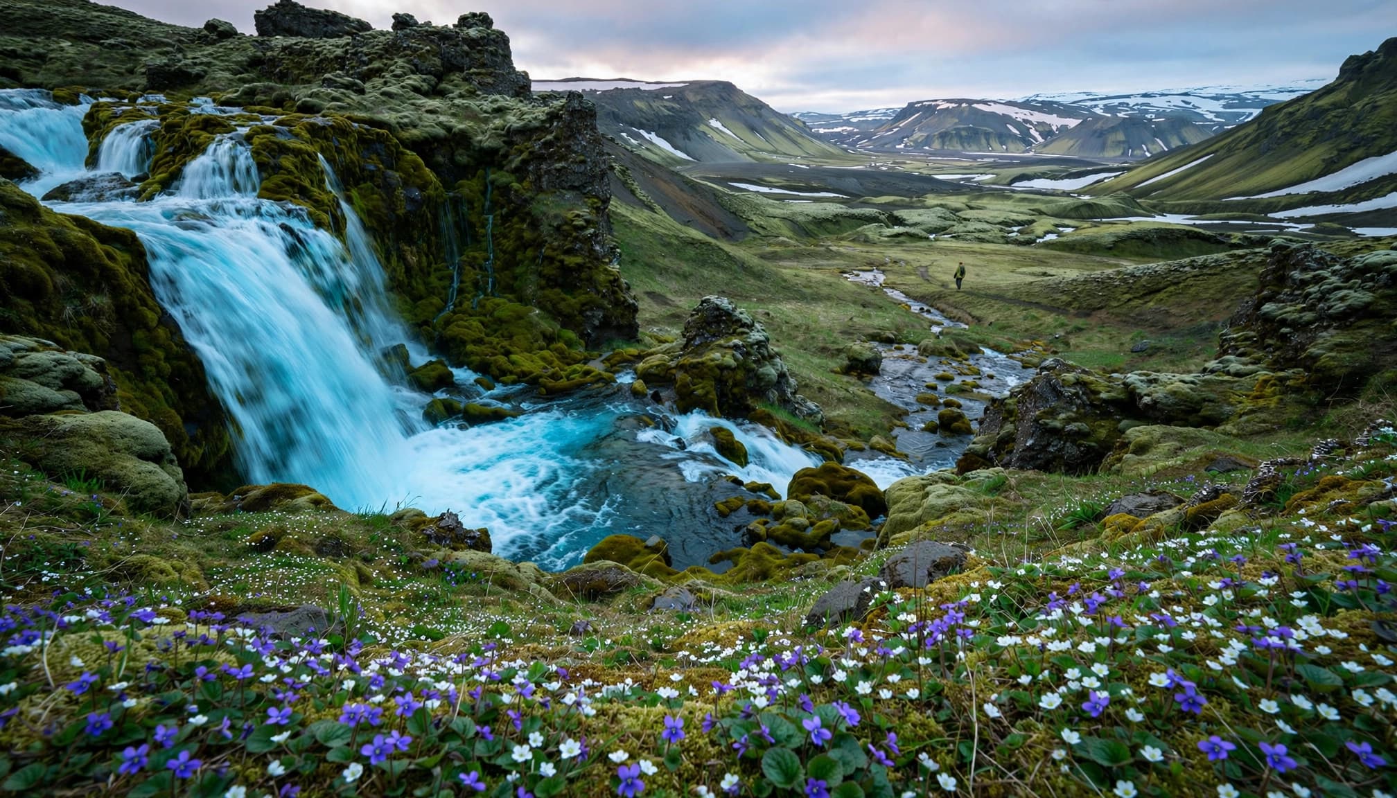 A turquoise waterfall beside wildflowers in an Icelandic valley with a distant hiker.