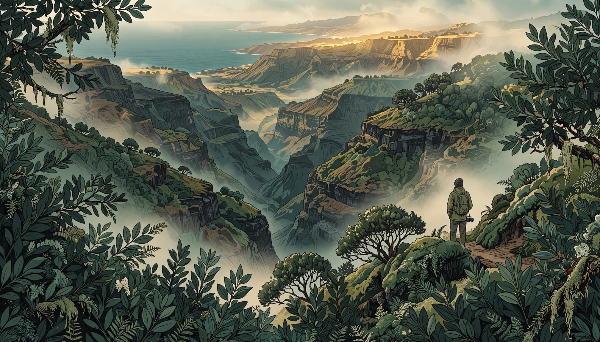 A photographer with a camera stands above a misty volcanic ravine and Atlantic horizon.