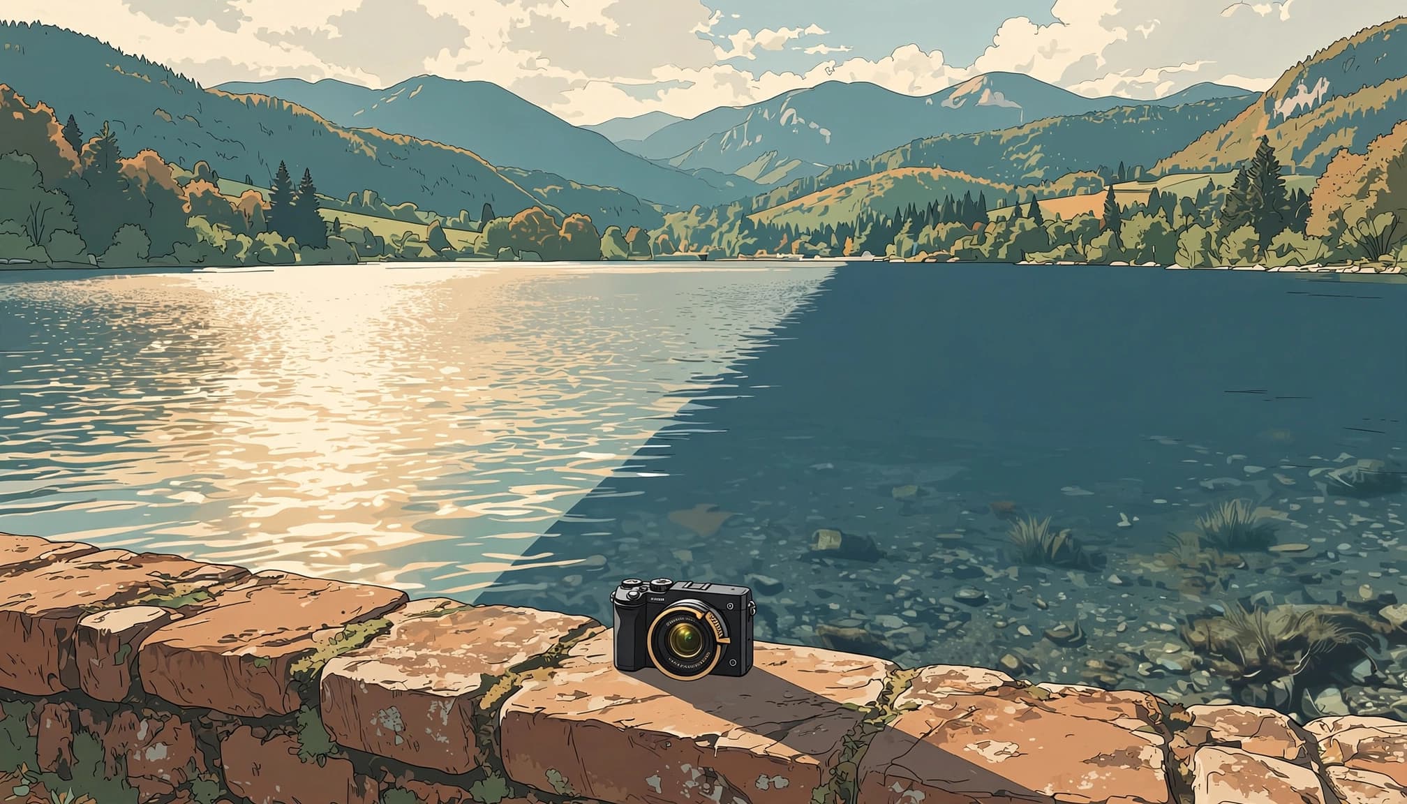 A camera on a stone wall faces Lake Bled and the surrounding mountains.