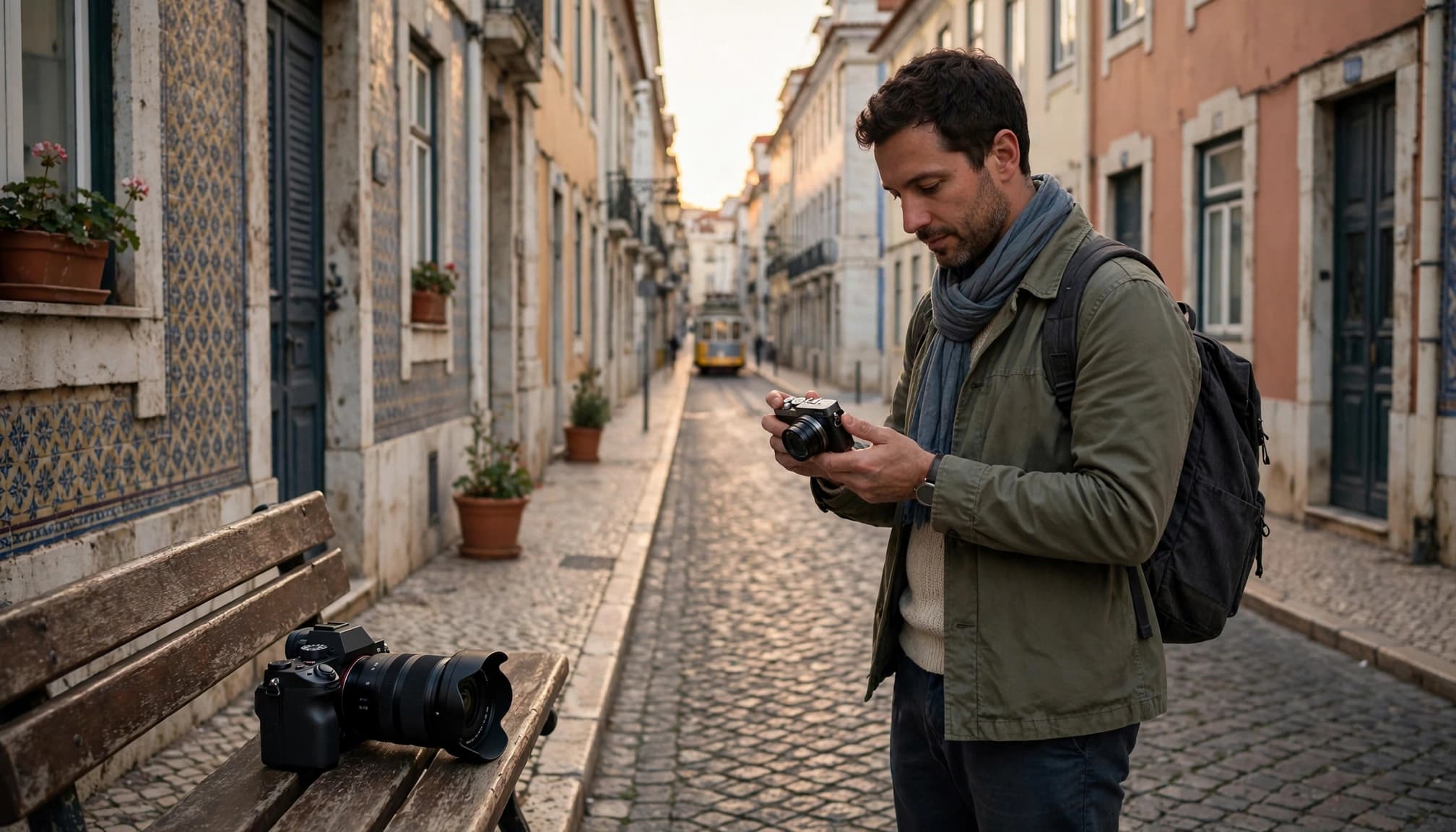 Photographer with two cameras beside a bench on a tiled Lisbon street.
