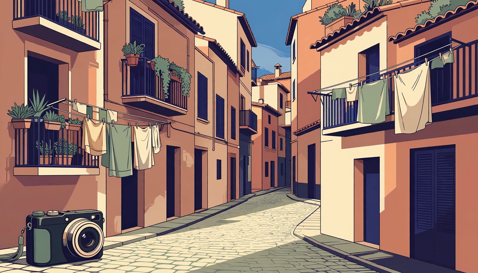 A small camera faces a sunny Mediterranean alley with balconies and hanging laundry.
