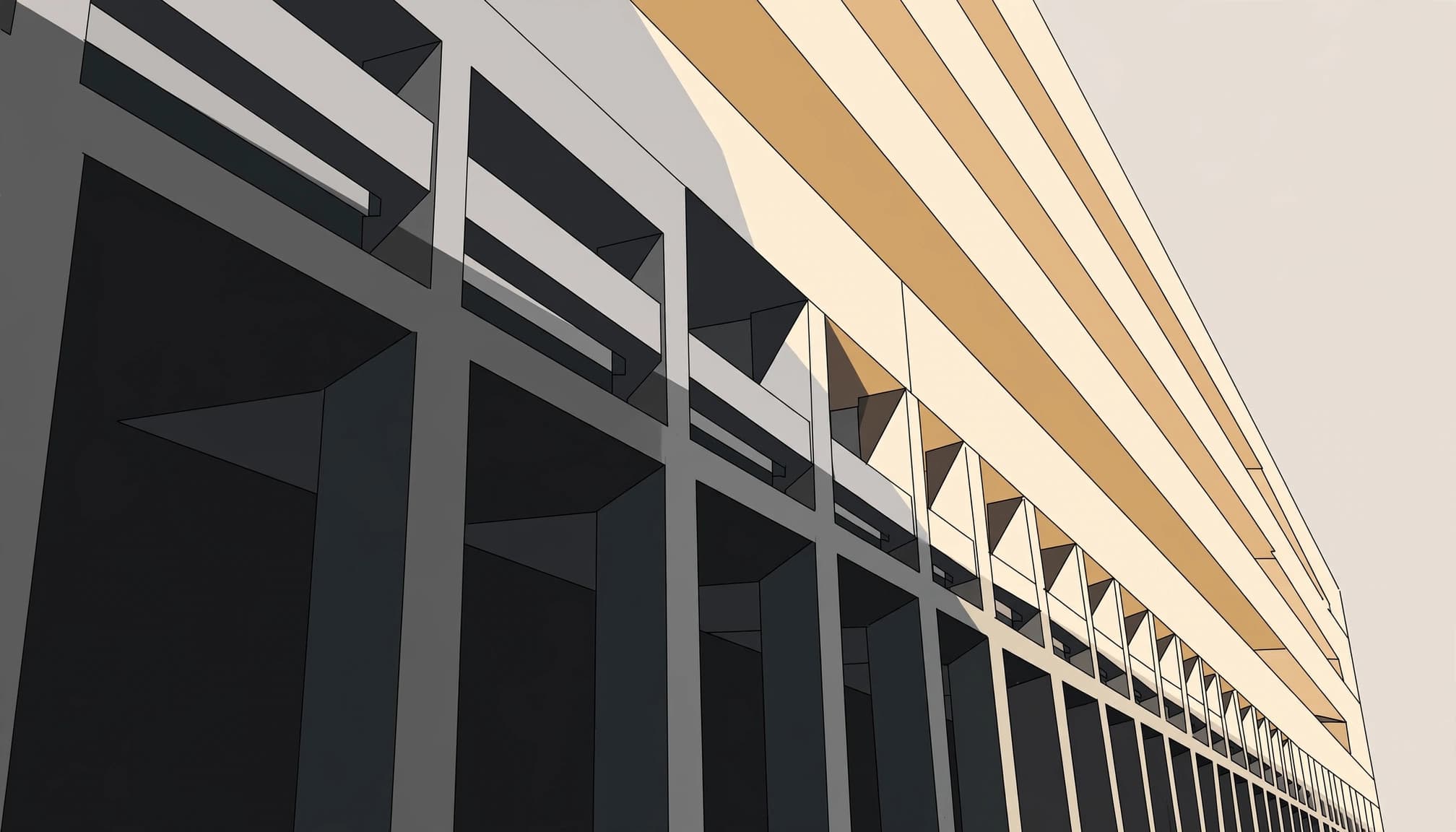 A bright concrete facade angles above a dark arcade in an empty plaza.