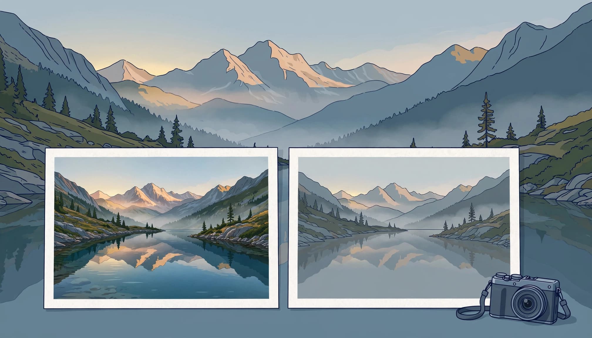 Two versions of a mountain lake photo sit beside a compact camera.