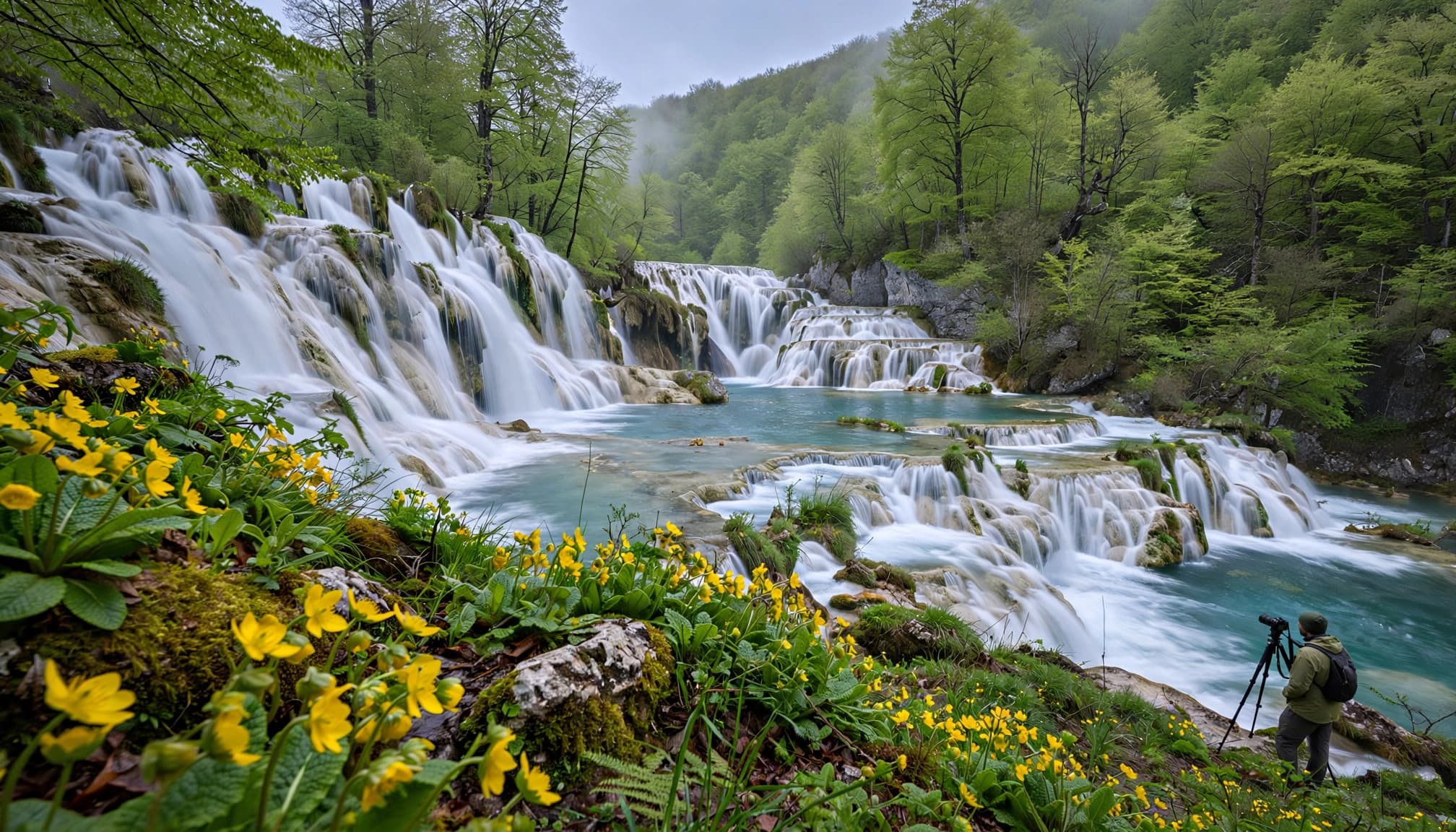 A photographer captures a waterfall framed by yellow flowers and green forest.