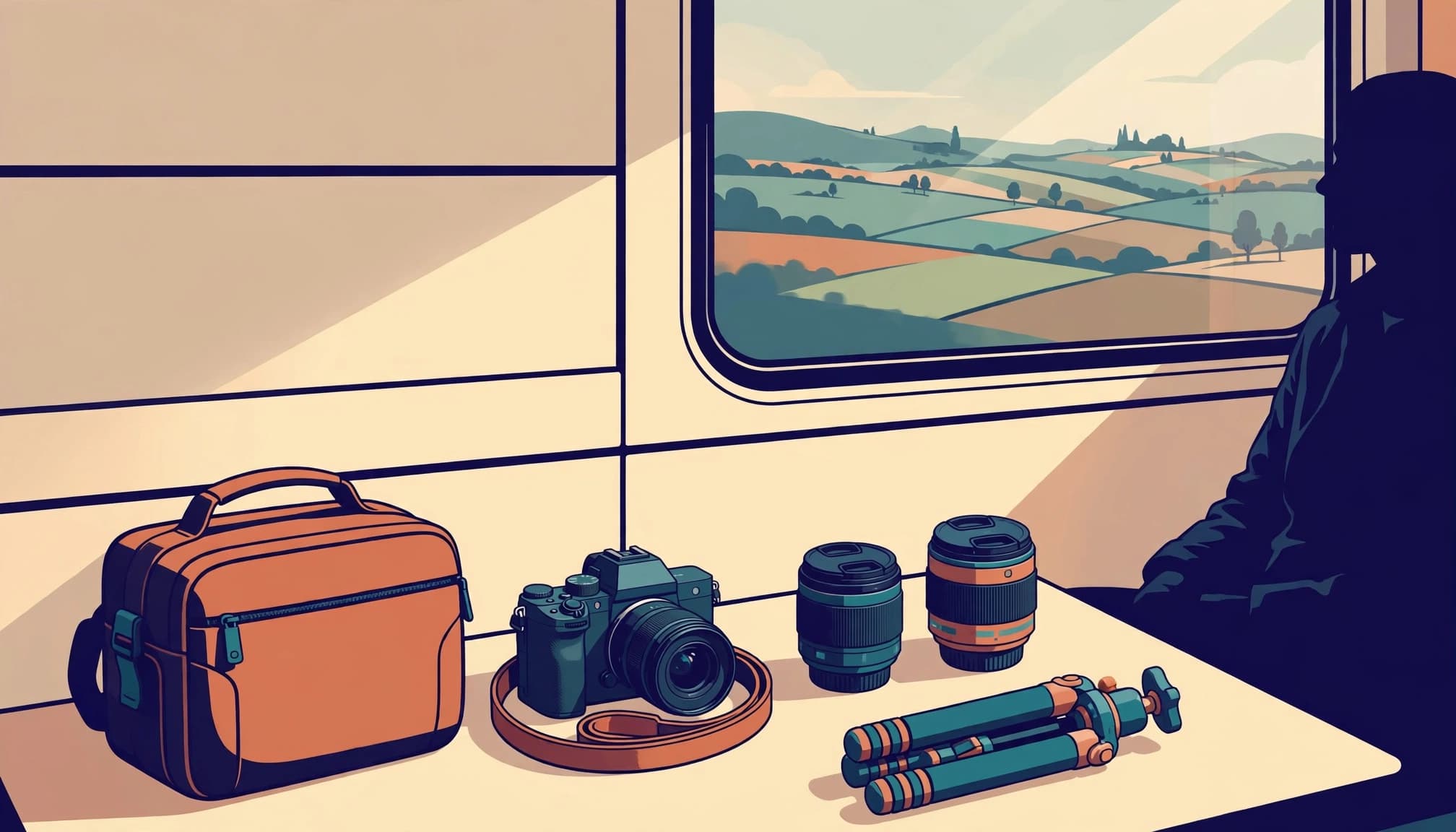 Camera gear and a closed bag arranged beside a train window.