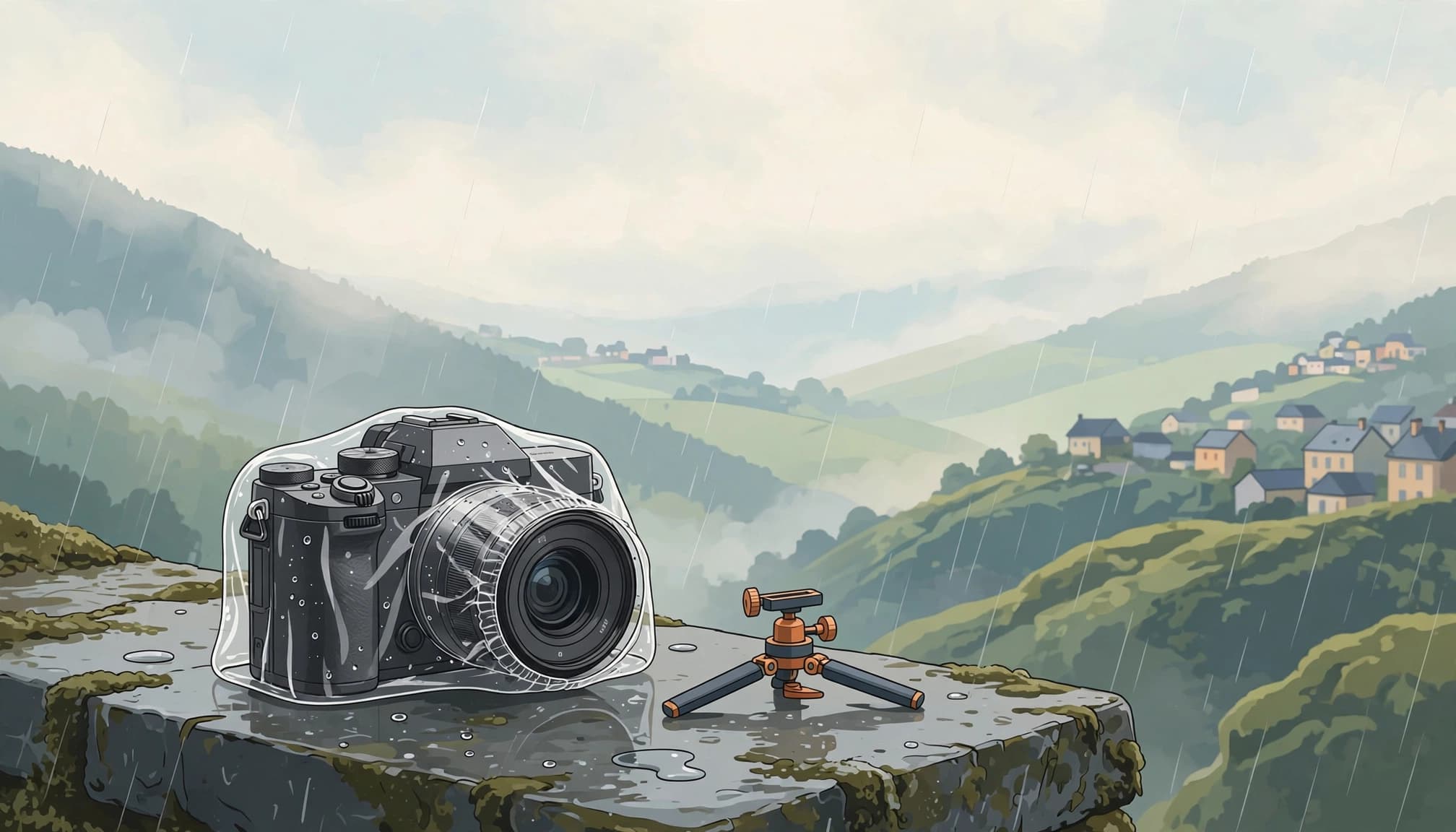 A rain-covered camera and tripod sit on a wet ledge overlooking misty green hills.