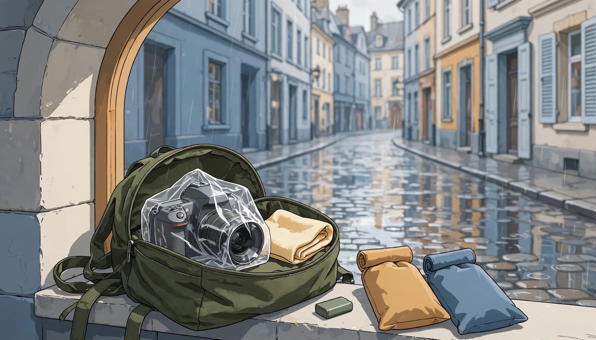 A DSLR camera in a rain sleeve rests inside an open backpack on wet cobblestones.